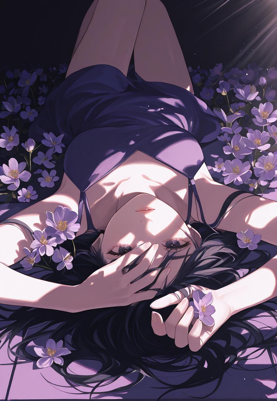 An anime-style illustration of a woman with long black hair lying on her back in a field of purple flowers, with sunlight casting distinct shadows over her.