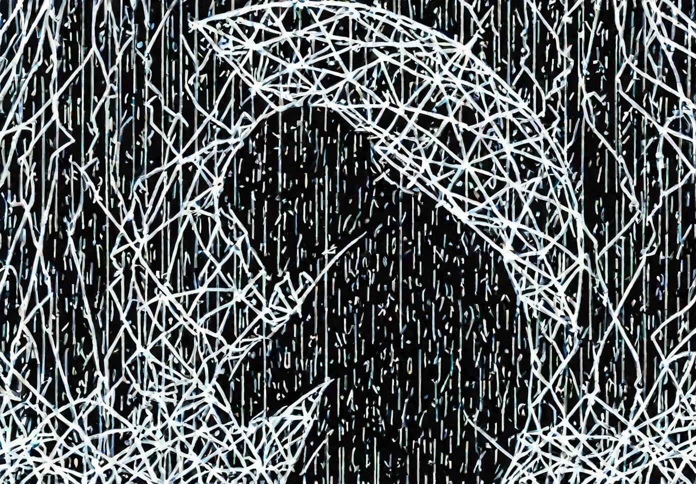 A black and white abstract artwork showing the silhouette of a couple hugging under a geometrically drawn umbrella during a rainstorm, created with intersecting white lines.