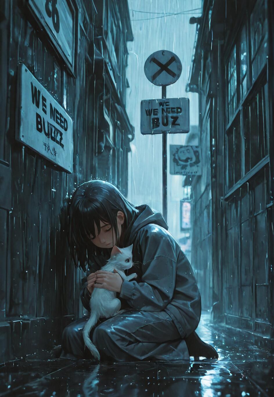A young person with dark hair kneels in a dark, rainy alley, protectively cradling a small white kitten in their arms as rain falls around them.