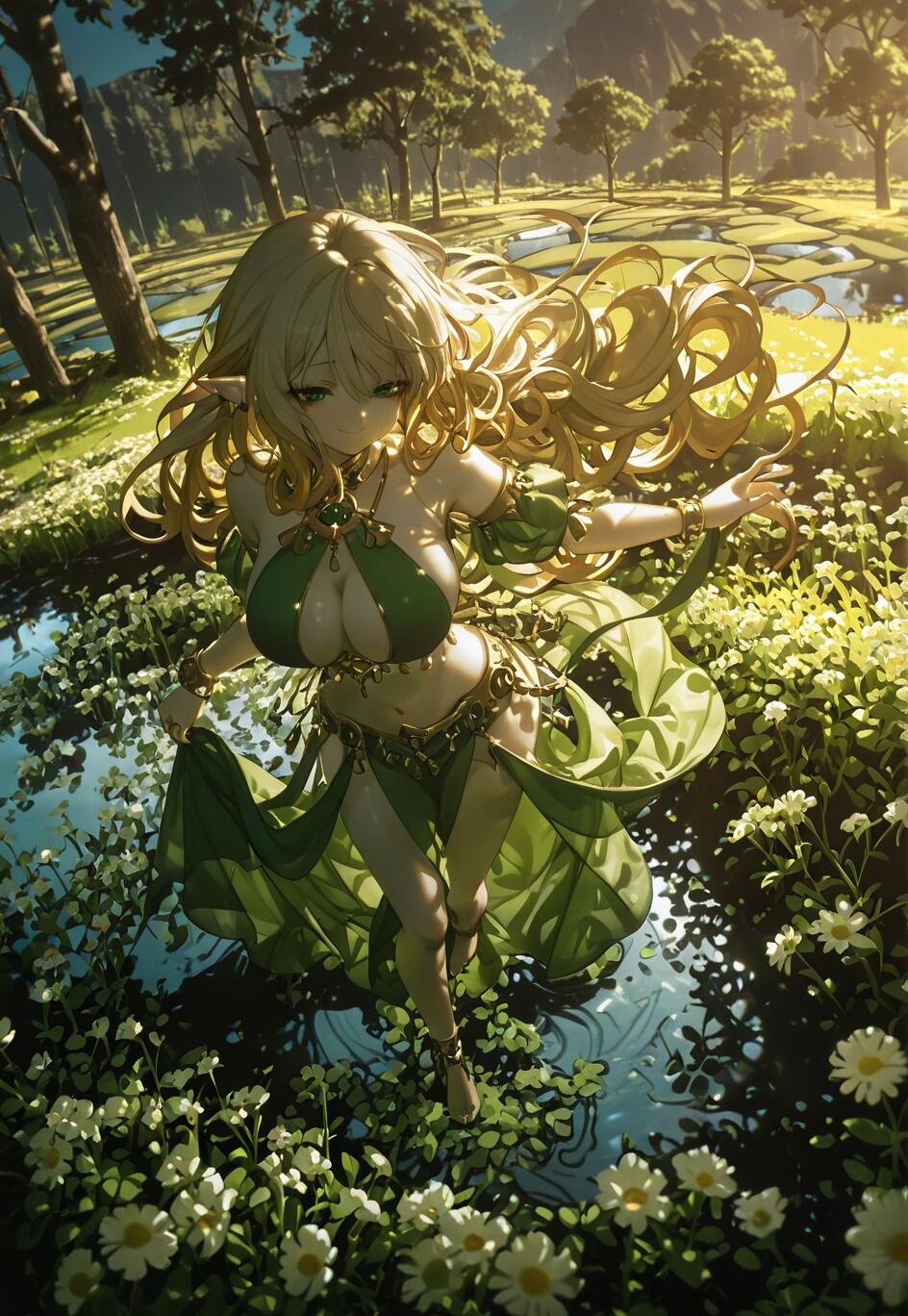 An anime illustration of the elf Shera L. Greenwood with long blonde hair and a green outfit, dancing in a shallow river surrounded by white flowers in a sunny, green landscape.