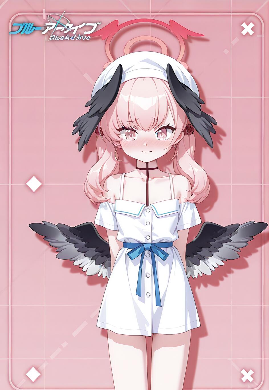 Full-body illustration of Shimoe Koharu from Blue Archive. She has pink hair and is wearing a white summer dress with a blue ribbon, looking at the viewer with a flustered expression against a pink background.