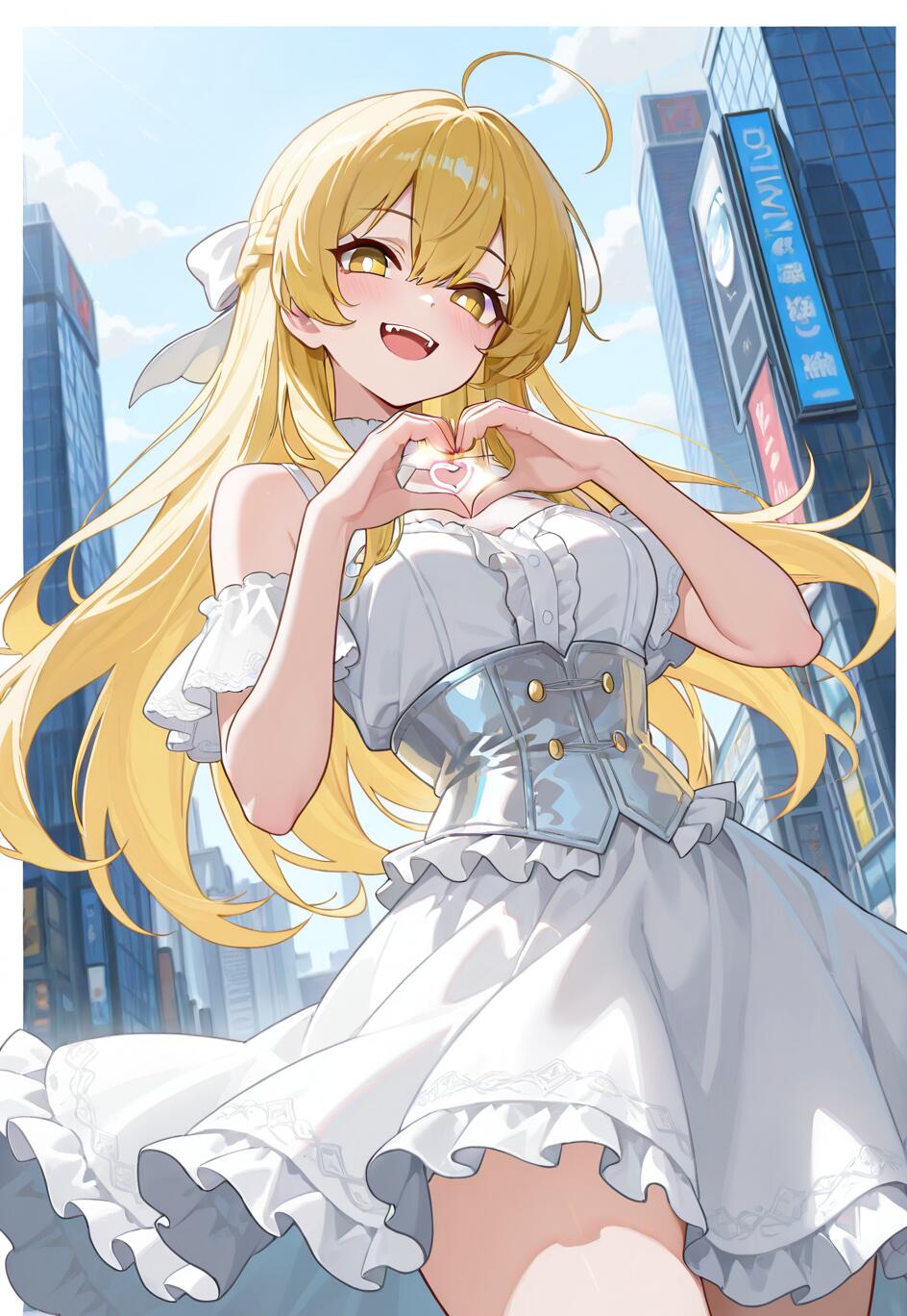 Anime character Shokuhou Misaki with long blonde hair and a white dress smiling and making a heart gesture with her hands in front of a city skyline.
