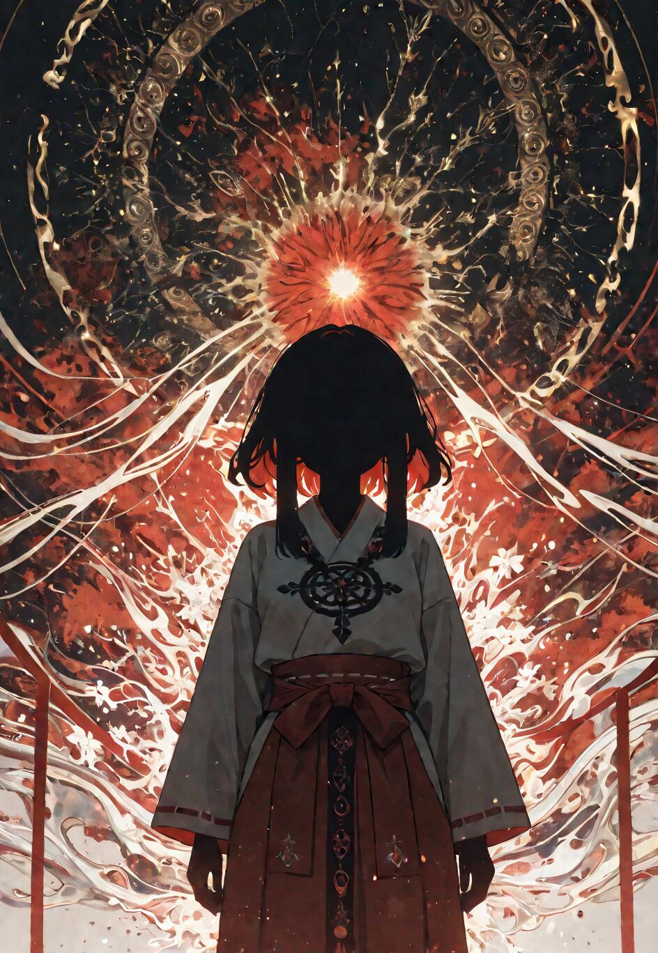 A silhouette of a miko in traditional grey and red robes standing before a radiant, exploding red sun and a golden celestial mandala in a dark sky.
