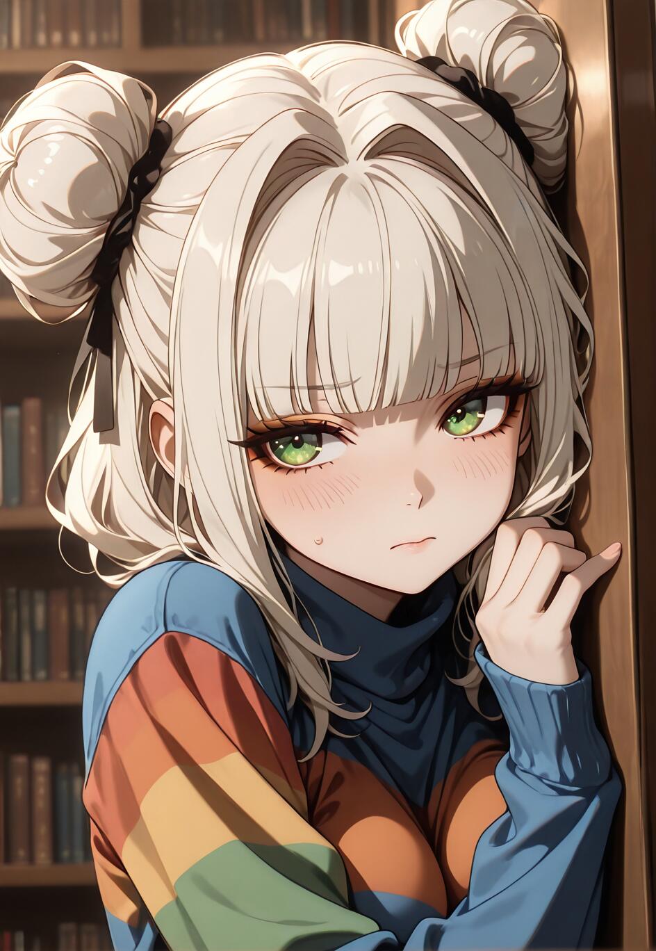An anime-style illustration of a young woman with platinum blonde hair in double messy buns and green eyes. She wears a colorful sweater and leans nervously against a bookshelf in a library, looking away with a shy expression.