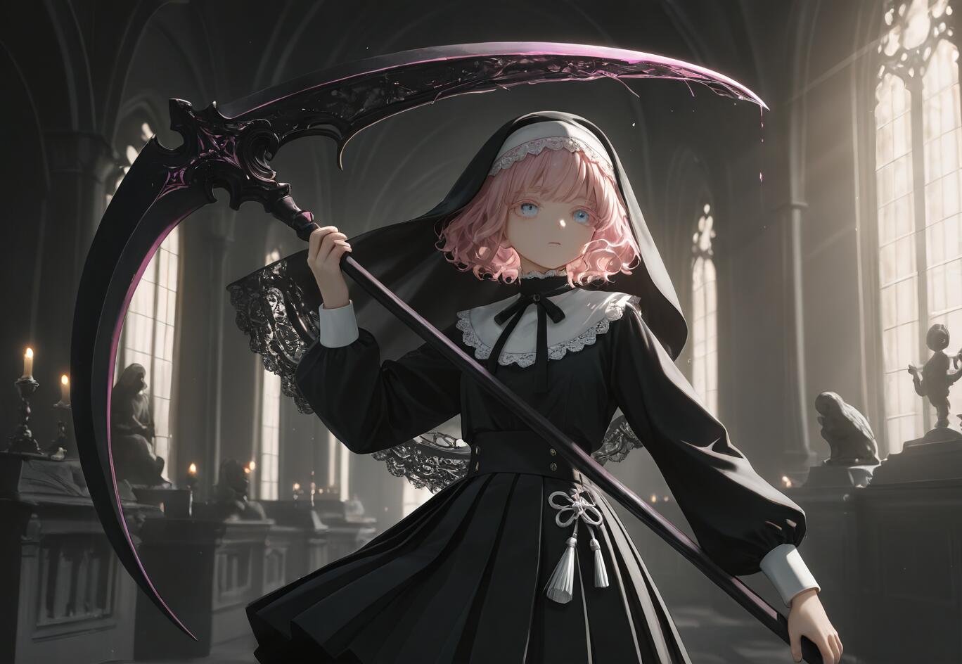 A young anime girl with short pink hair and blue eyes, dressed as a nun in a black habit and veil, stands inside a dark gothic church holding a large, ornate purple and black scythe.