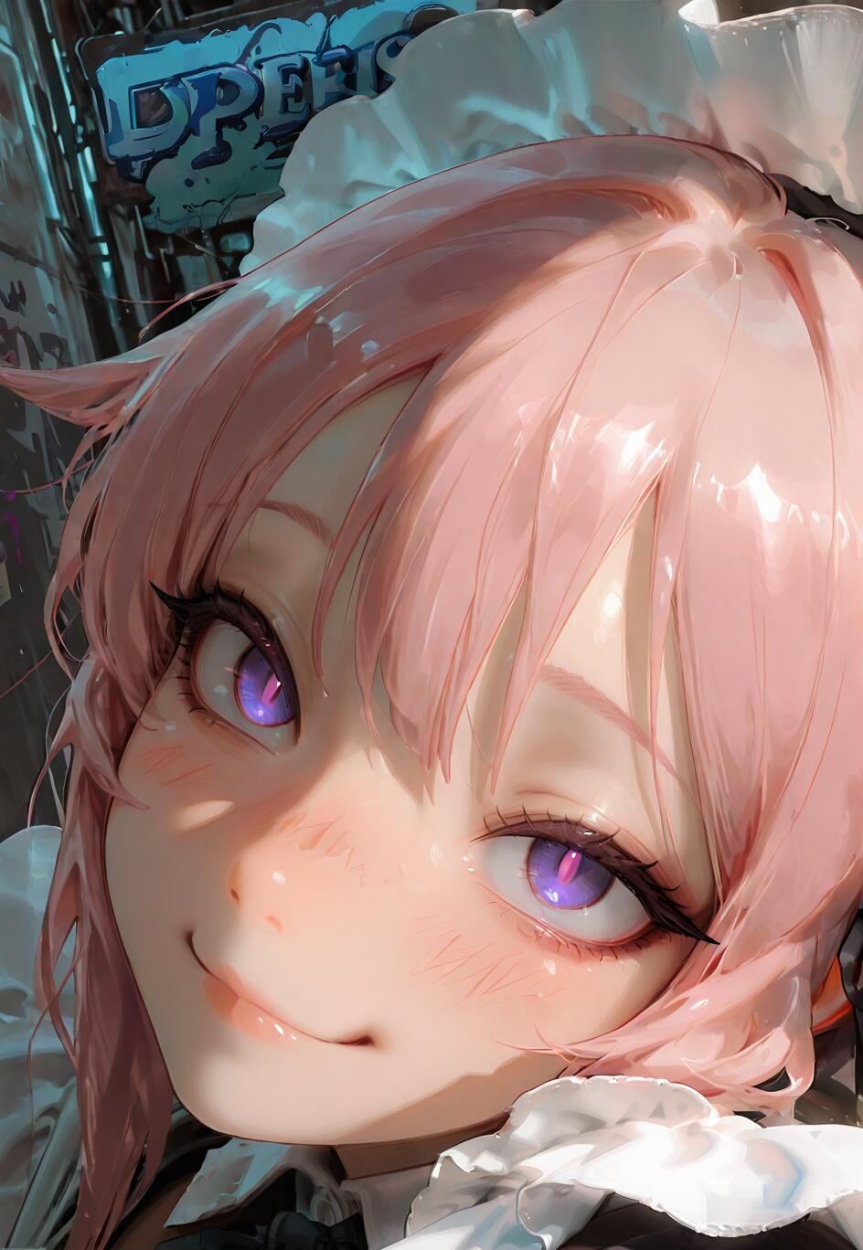 A close-up illustration of the anime character Astolfo with long pink hair and glowing purple eyes, wearing a maid headdress and smiling smugly against a dark background with graffiti.