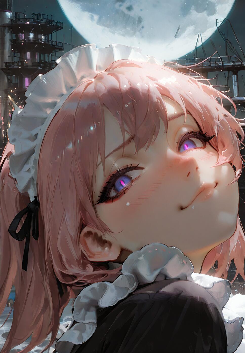 An anime-style digital illustration of a pink-haired maid with glowing purple eyes, looking down with a smug smile against a backdrop of a city at night with a large full moon.