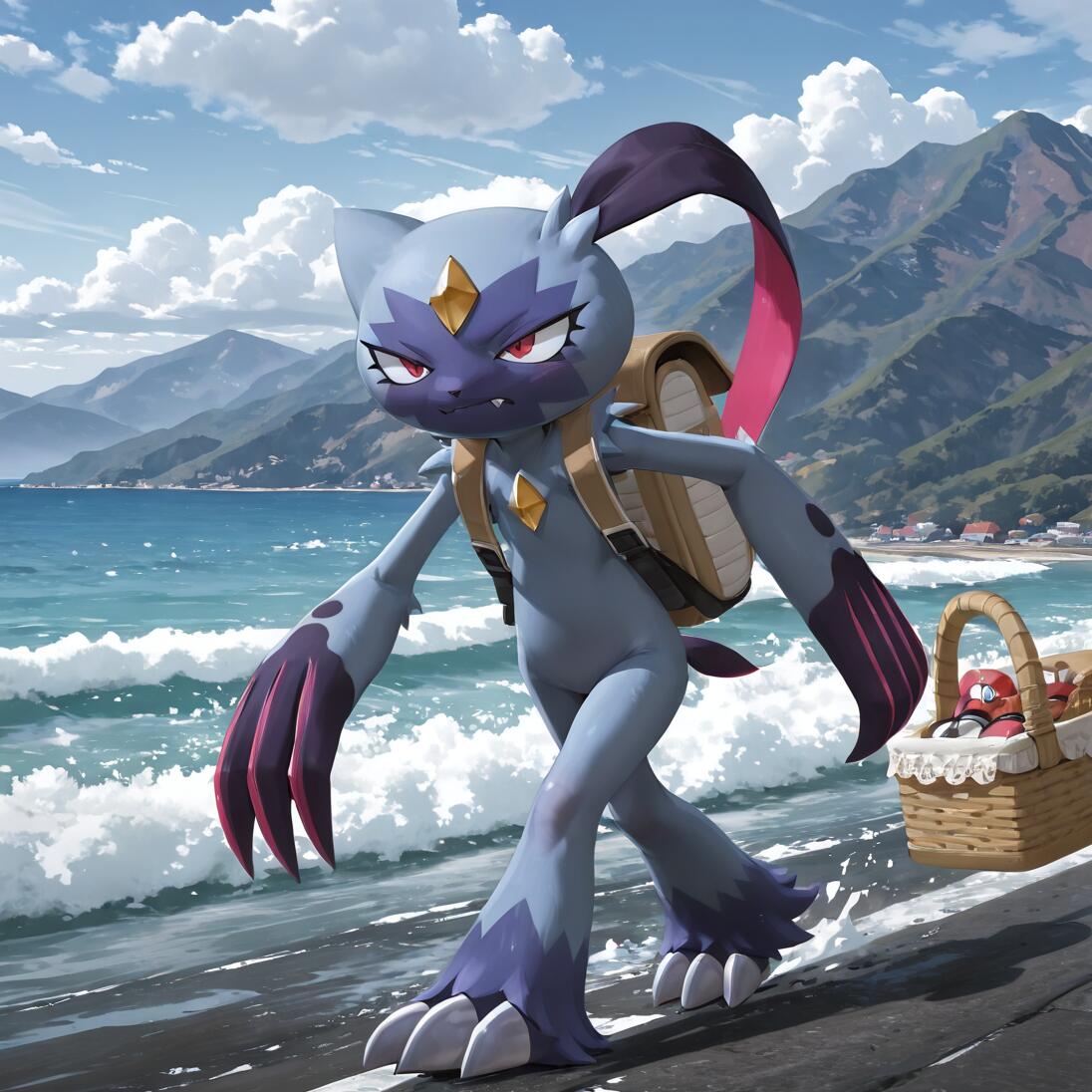 The Pokémon Sneasler, a slender purple creature with large claws, walks along a seaside path on a sunny day. It wears a backpack and carries a basket containing Poké Balls, with mountains and the ocean in the background.