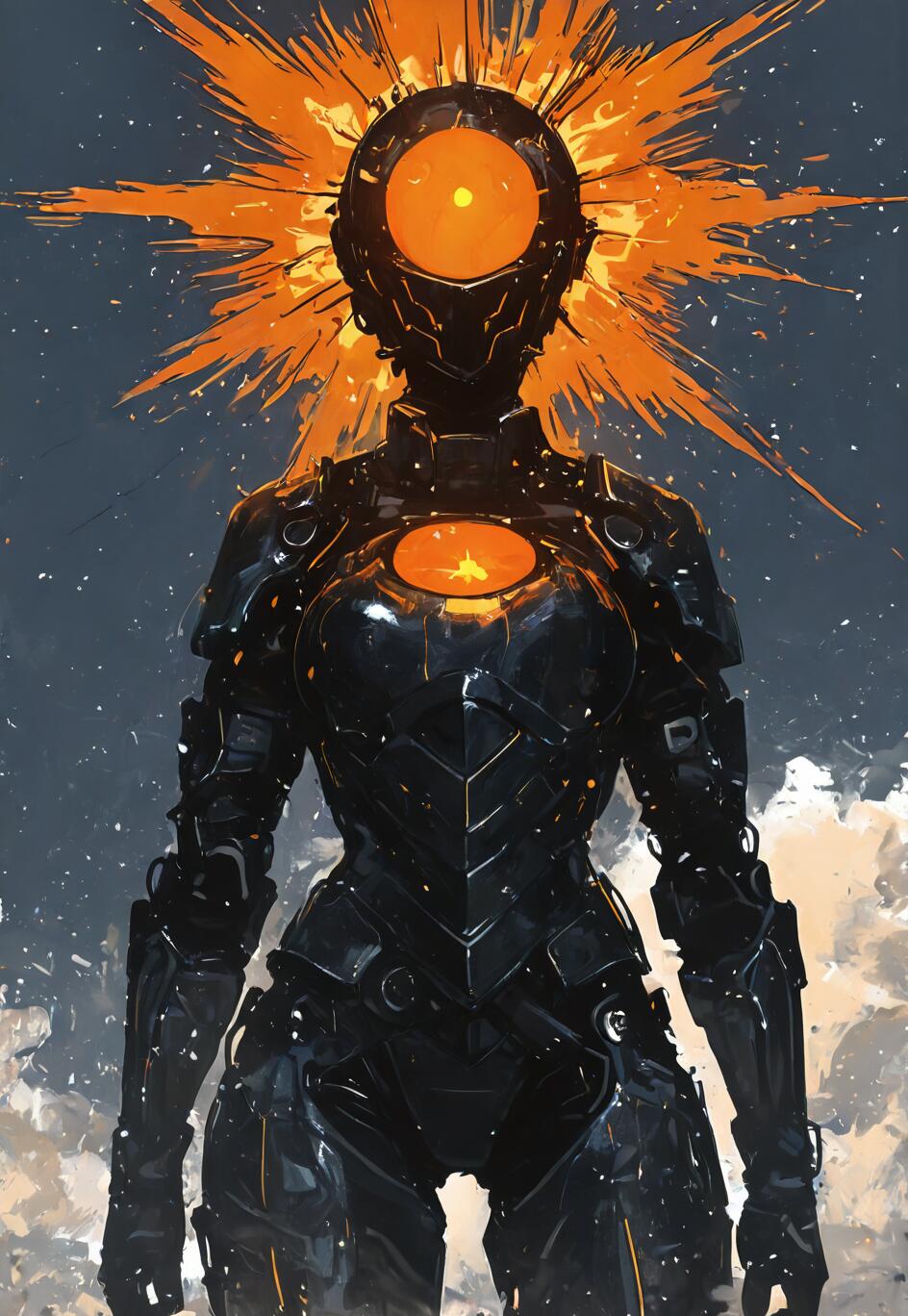A full-body illustration of a futuristic warrior in sleek black armor. The helmet has a large, glowing orange circular visor, and a similar orange core glows on the chest. A bright orange sunburst emanates from behind the head against a dark, starry sky.