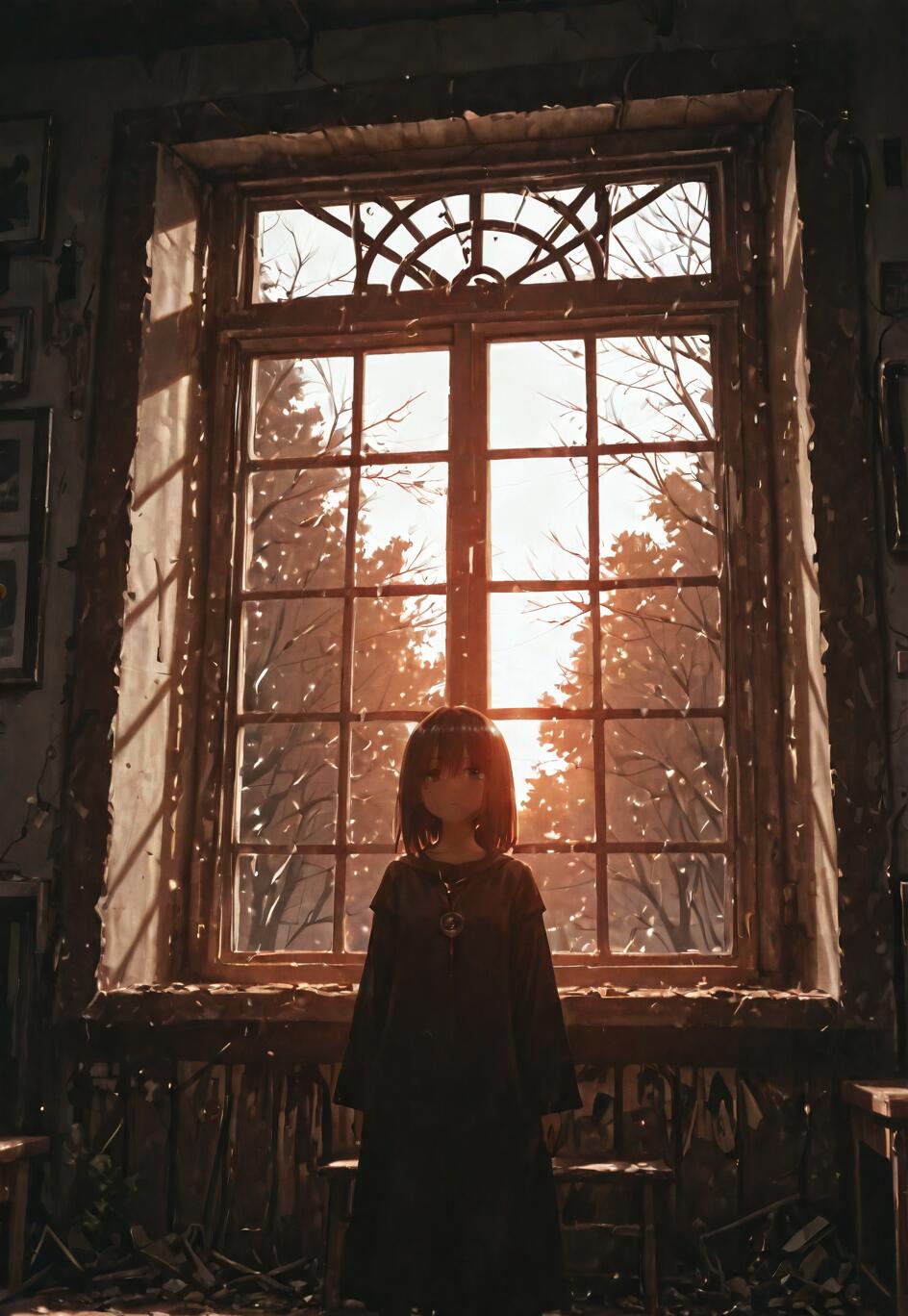 An anime girl with short dark hair wearing a black robe stands in silhouette before a large, bright window in a dark, dilapidated room. Golden sunlight streams through the window, highlighting dust in the air.