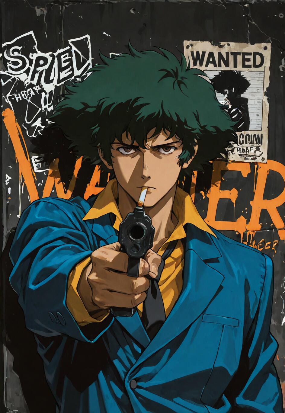 Spike Spiegel from Cowboy Bebop pointing a gun forward with a serious expression and a cigarette in his mouth, standing in front of a wall with graffiti and a wanted poster.