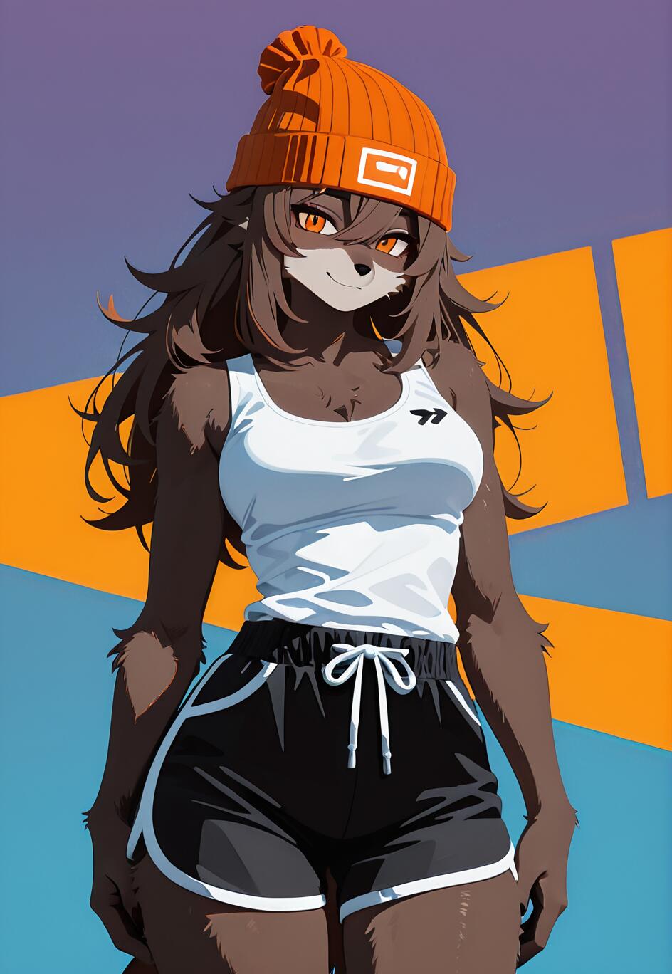 An anime-style illustration of a female anthropomorphic wolf with long brown hair and orange eyes, smiling at the viewer. She is wearing a sporty outfit consisting of an orange beanie, a white tank top, and black shorts.