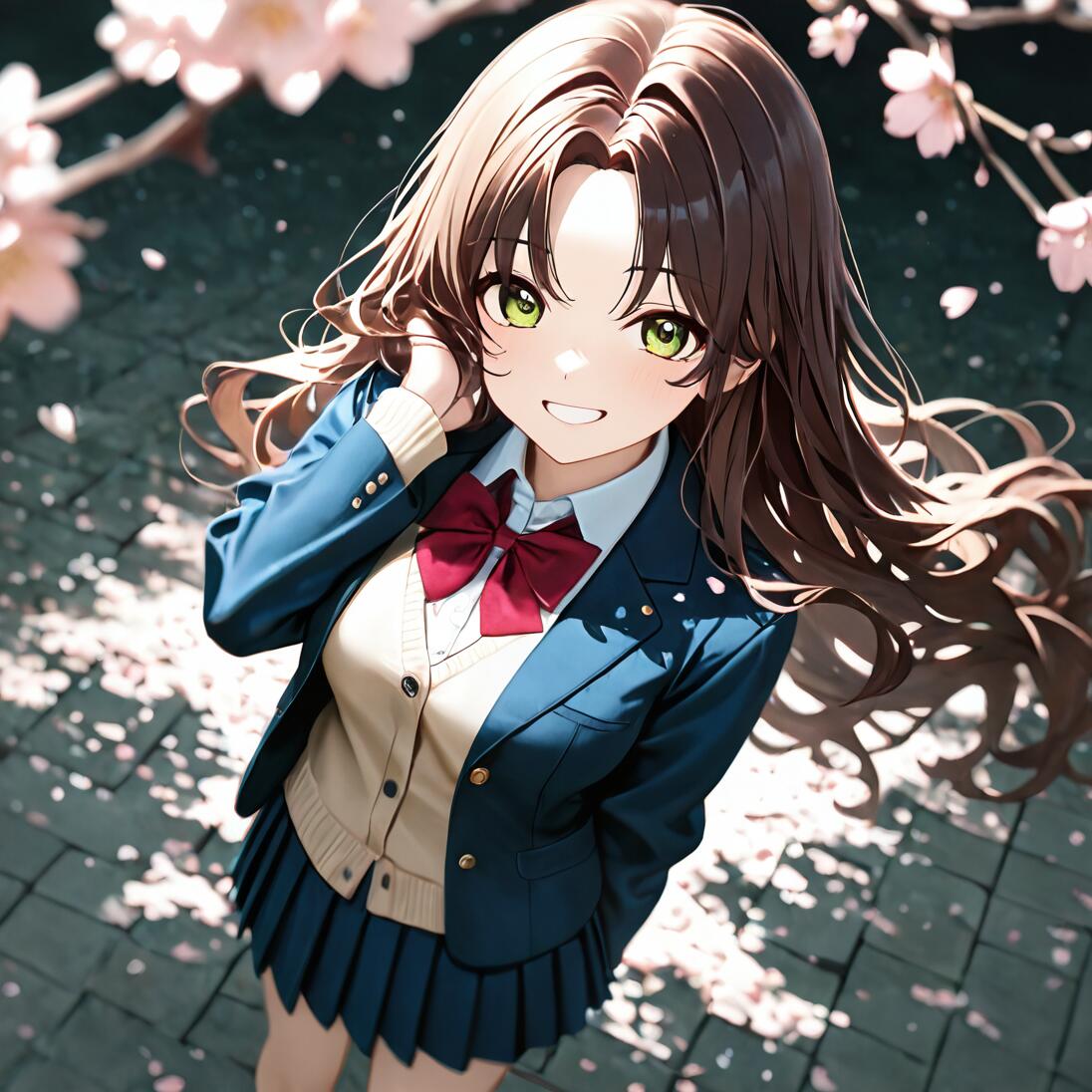 An anime girl with long brown hair and green eyes, wearing a blue school uniform, looks up and smiles while standing under cherry blossom trees with falling petals.