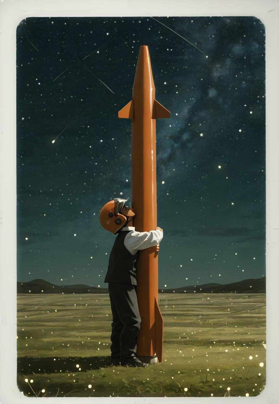 A young boy in a vintage pilot helmet and formal vest stands in a field at night, hugging a tall orange rocket. He gazes up at a sky filled with stars and shooting stars, while glowing lights dot the ground around him.