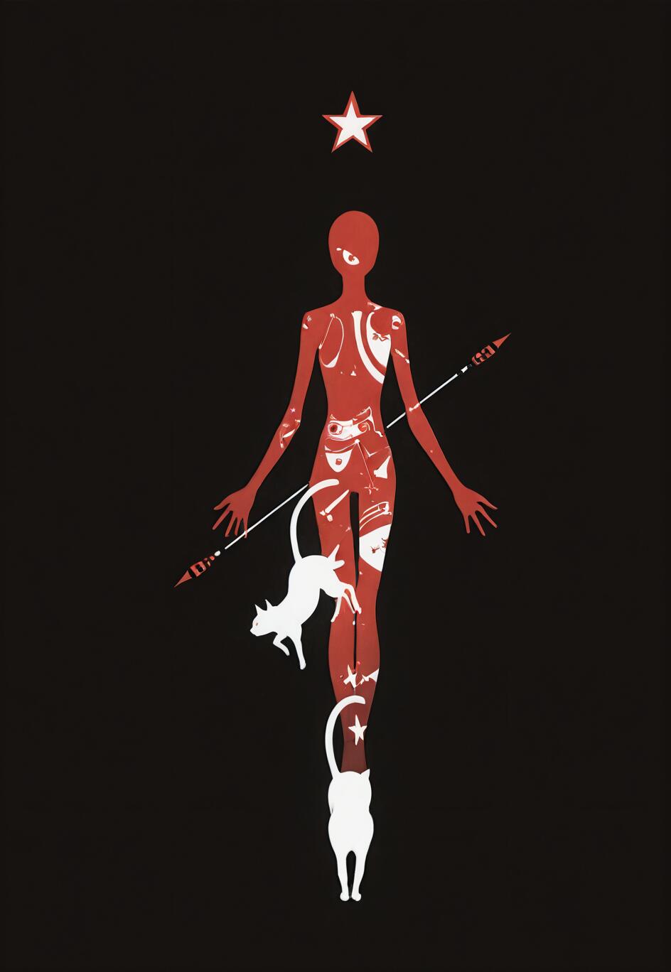 A minimalist illustration against a black background, featuring a slender, red female silhouette filled with white patterns. A white star is above her head, a white spear pierces her torso, and two white cats climb on her legs.