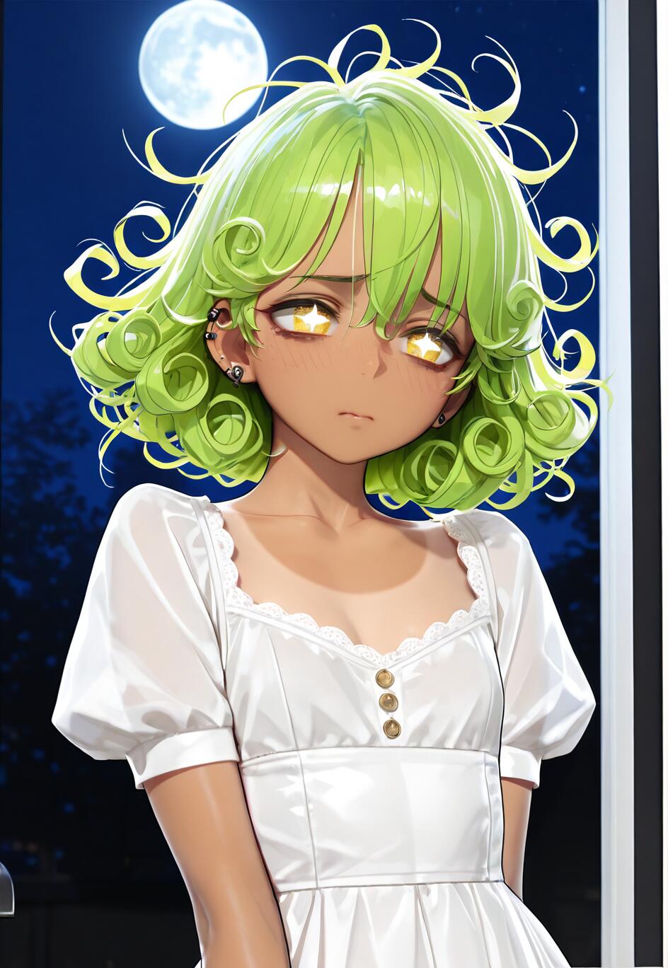 An anime character with short, curly lime-green hair, tan skin, and sad, golden eyes with star-shaped pupils, wearing a white dress and standing in front of a window at night with a full moon in the sky.