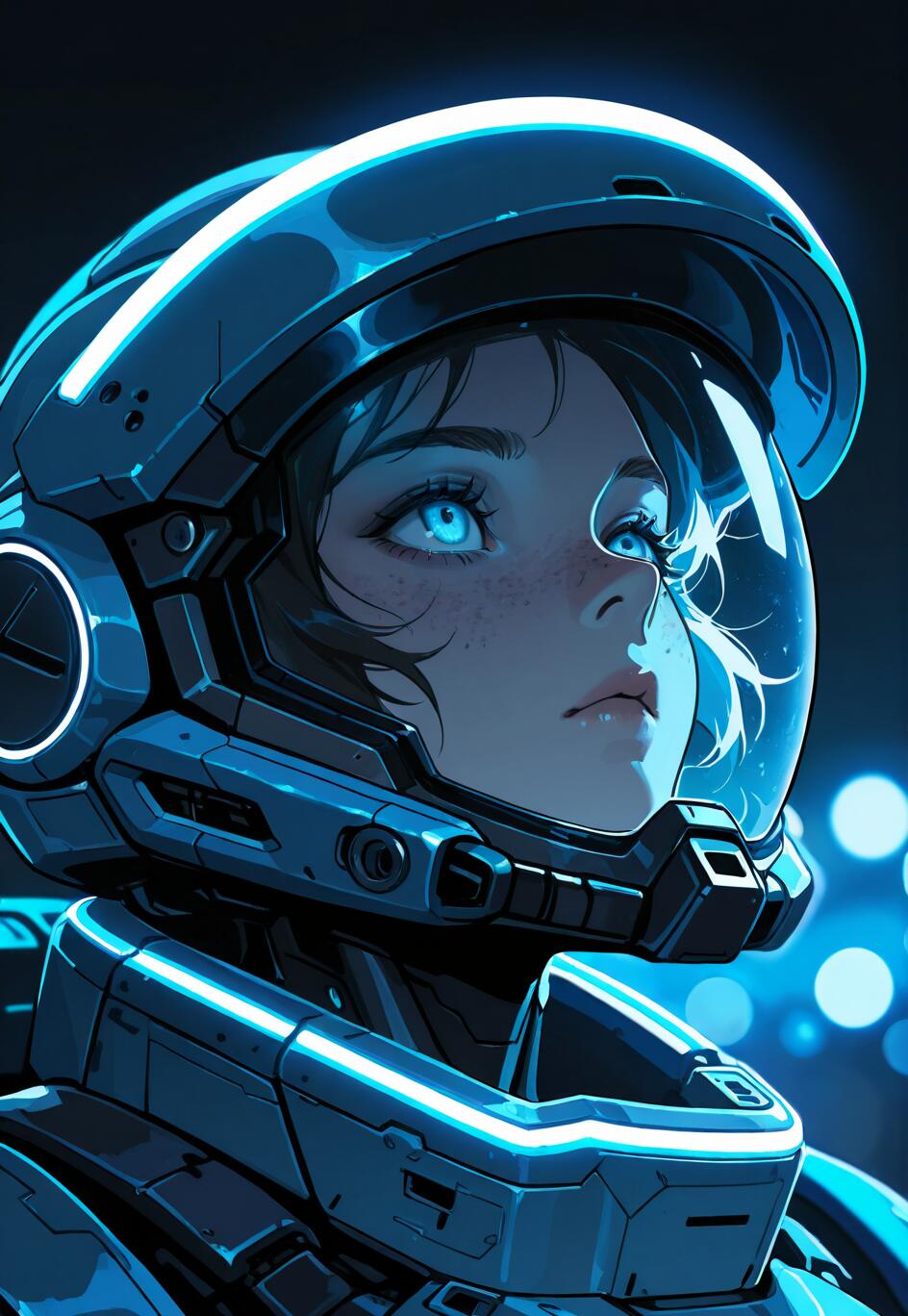 A close-up illustration of a young woman in a futuristic blue and black astronaut helmet and suit, illuminated by glowing blue neon lights. She has dark hair, freckles, and detailed blue eyes, and is looking up and to the side against a dark background with blue bokeh lights.