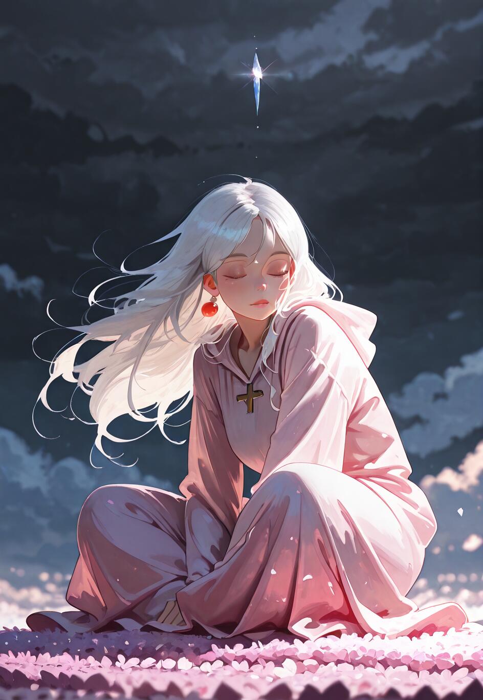 An anime-style digital painting of a young woman with long white hair in a pink hooded robe, sitting cross-legged on a field of pink petals. Her eyes are closed in meditation as a single, glowing star shines above her in the dark, cloudy sky.