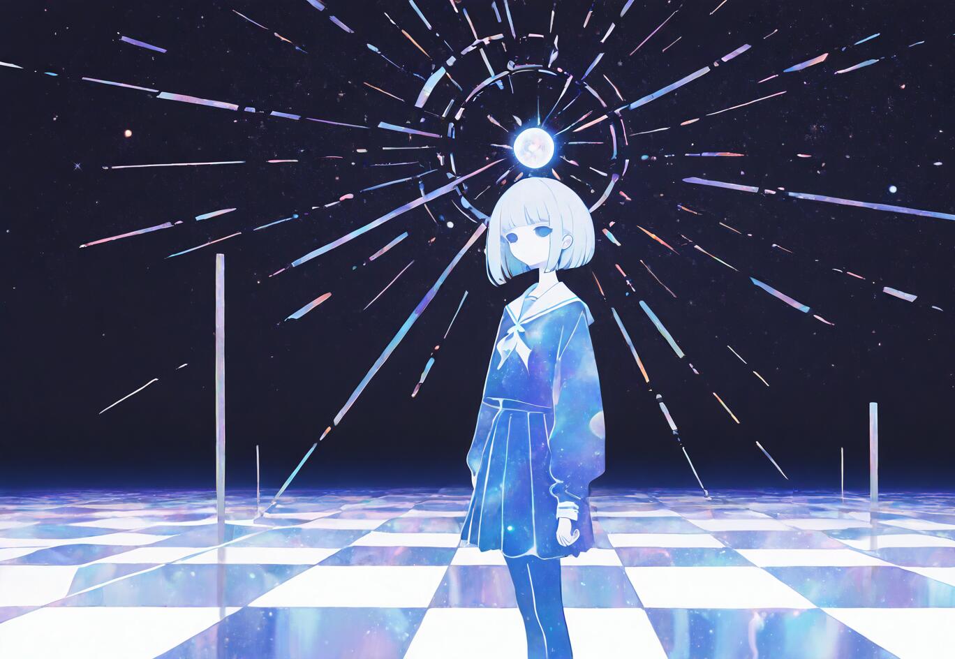 An anime girl with short light-blue hair in a school uniform stands on a glowing checkerboard floor in a vast, dark space. Behind her, a bright celestial orb explodes with rays of light against a starry sky.