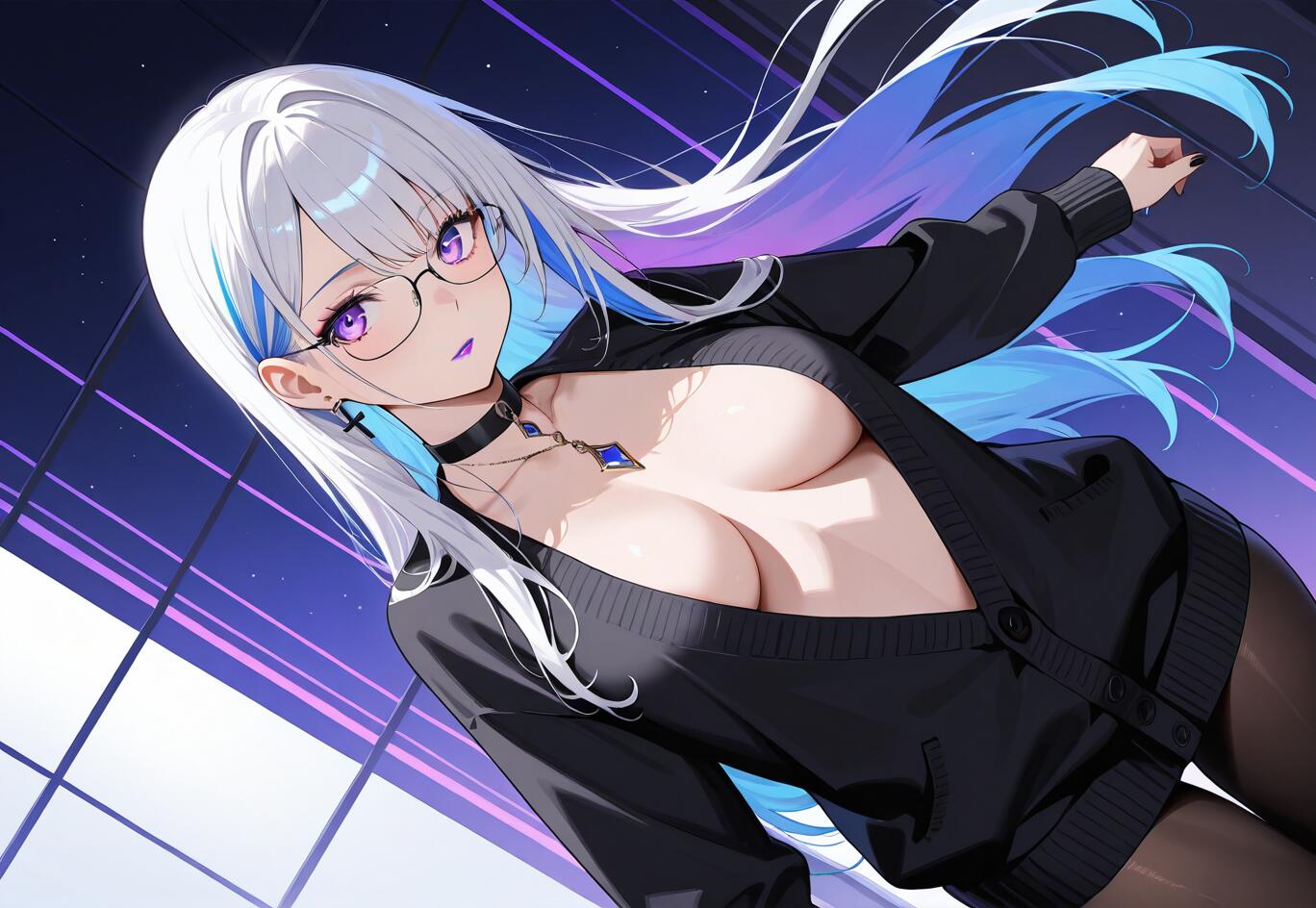 An anime girl with long white, blue, and purple ombre hair, purple eyes, and glasses, wearing an open black cardigan, a choker, and pantyhose against a background of glowing purple lines.