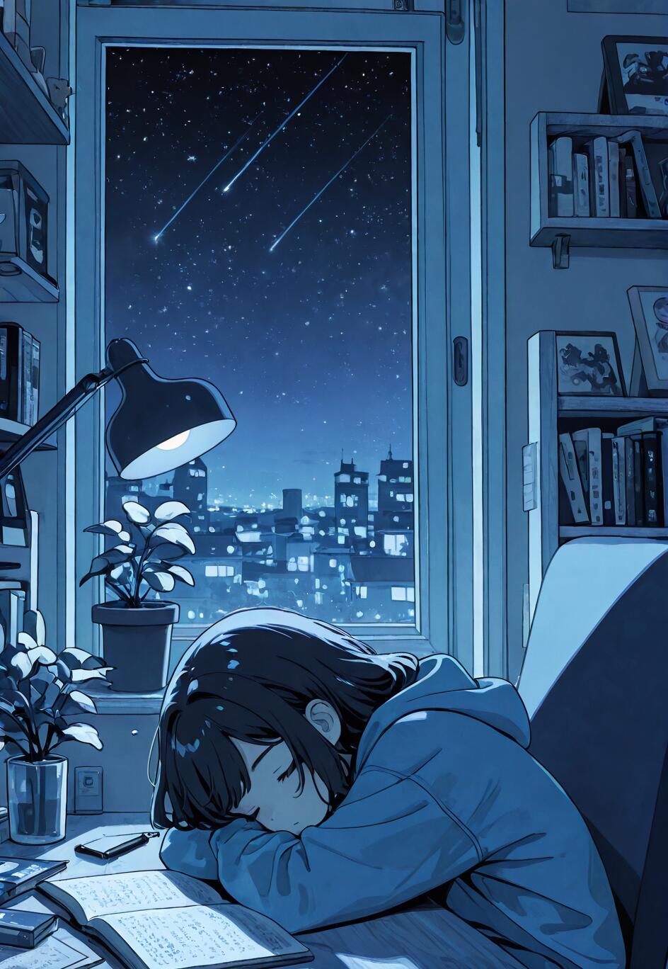 An anime-style illustration of a girl with short dark hair in a blue hoodie, sleeping with her head on her arms at a desk. An open book is in front of her, and a lamp illuminates the scene. A large window behind her shows a starry night sky with shooting stars over a city.