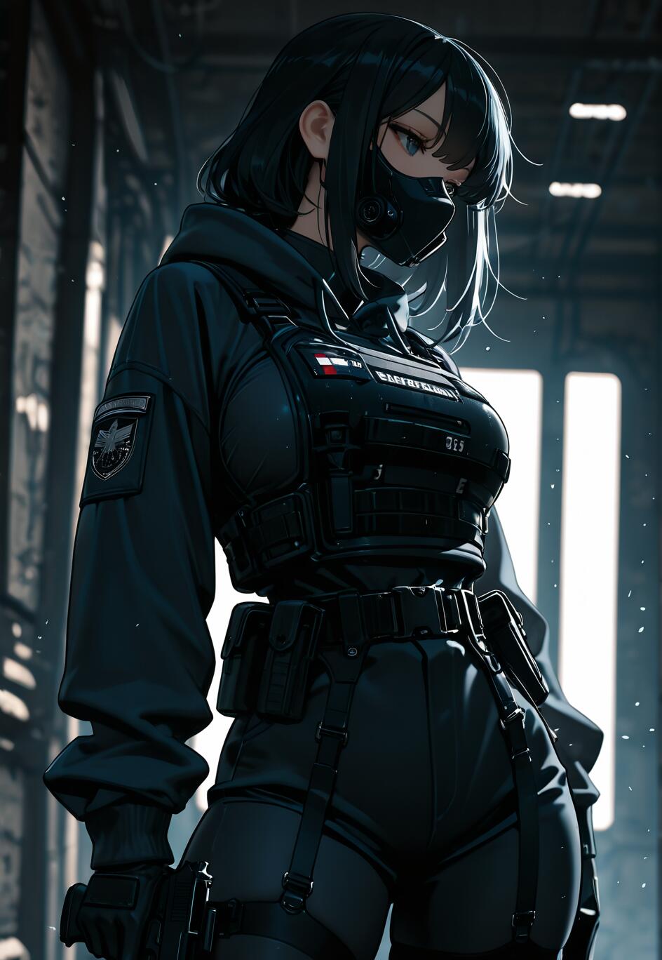An anime-style female soldier in black tactical gear, including a mask and body armor, stands in a dark corridor, backlit by bright lights.
