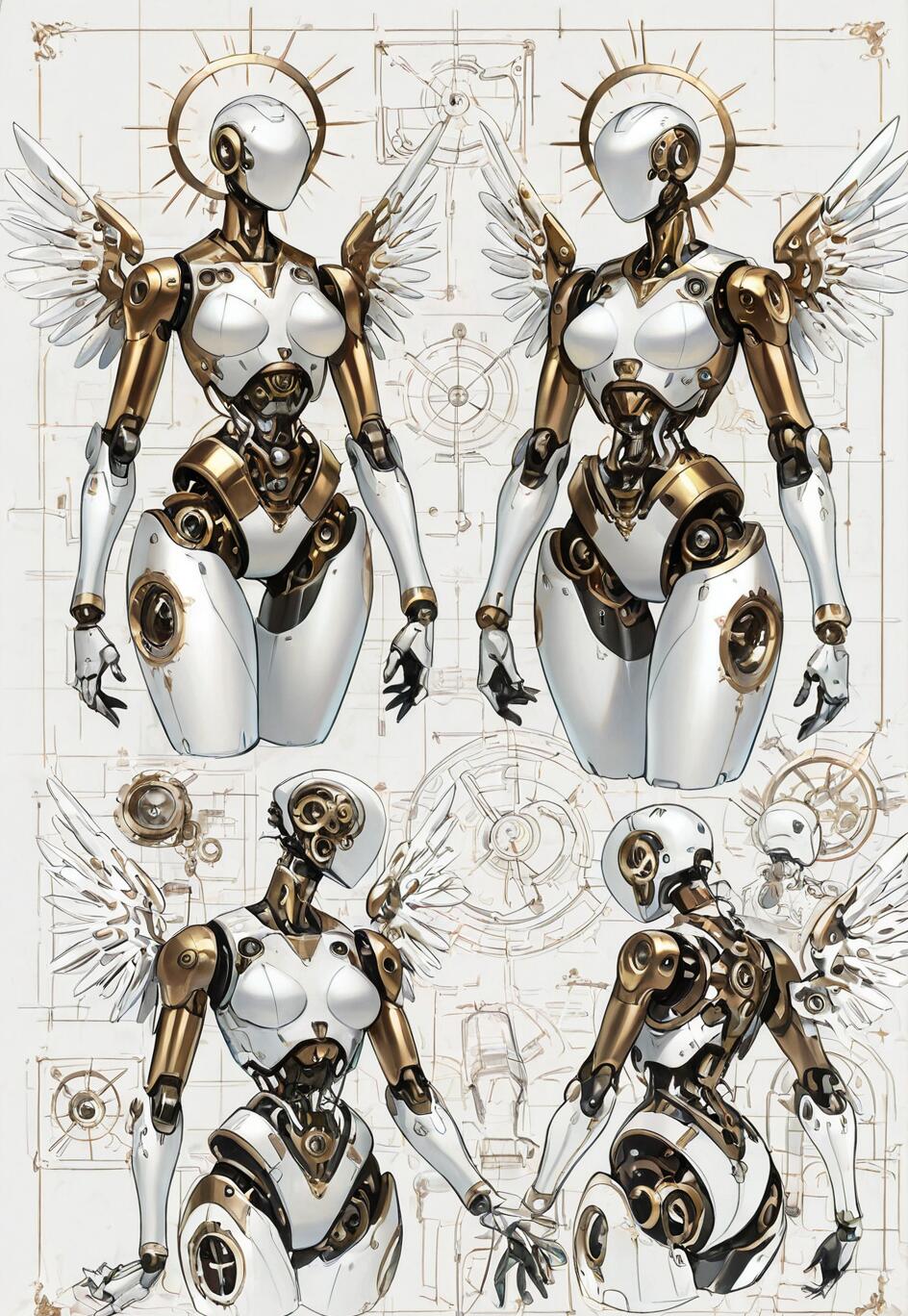 A concept art sheet showing four different views of a white and gold female robot with mechanical angel wings and a halo, set against a blueprint background.