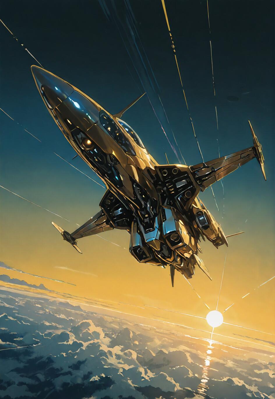 A futuristic, golden metallic fighter jet-style spaceship flies high above a planet's cloud layer during a brilliant sunrise.