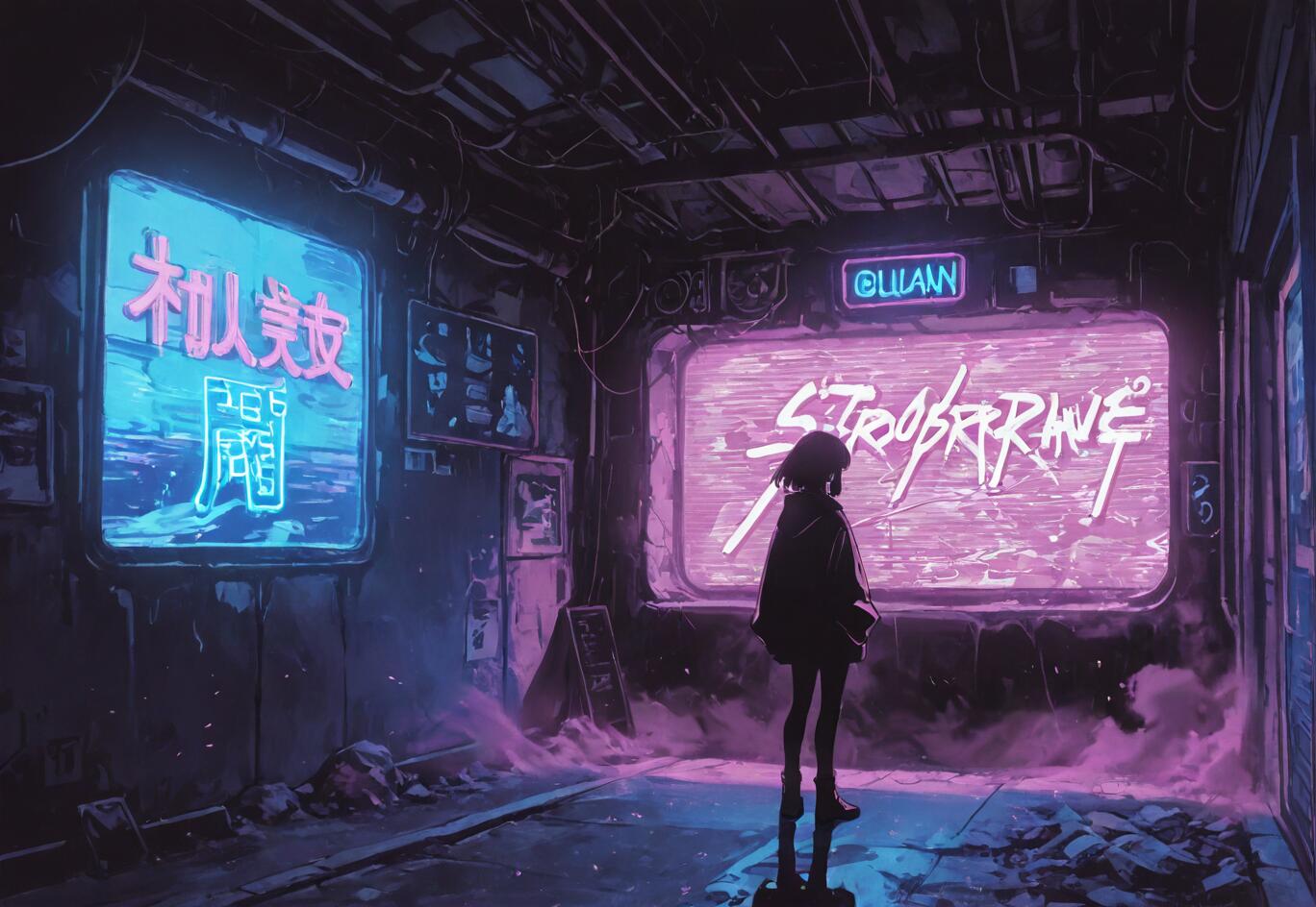 An anime-style illustration of a girl in a hoodie standing from behind in a dark, futuristic alley. She is looking at a large pink neon sign that says 'STROBERAVE' while a blue neon sign with Japanese characters glows to her left.