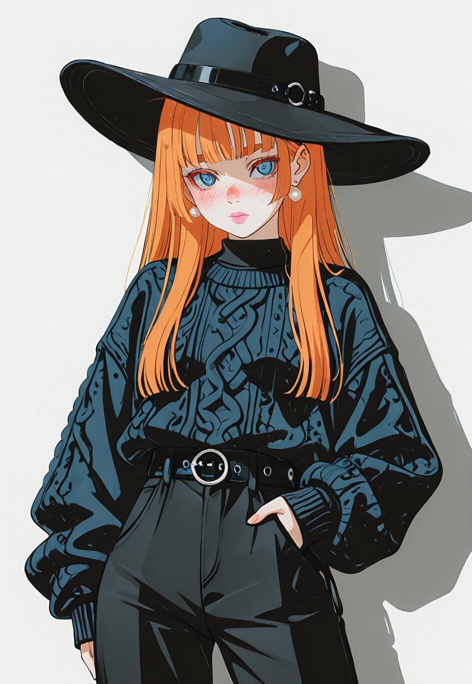 An anime-style illustration of a girl with long orange hair and blue eyes, wearing a large black hat, an oversized dark blue knit sweater, and black high-waisted pants. She is posing with one hand in her pocket.