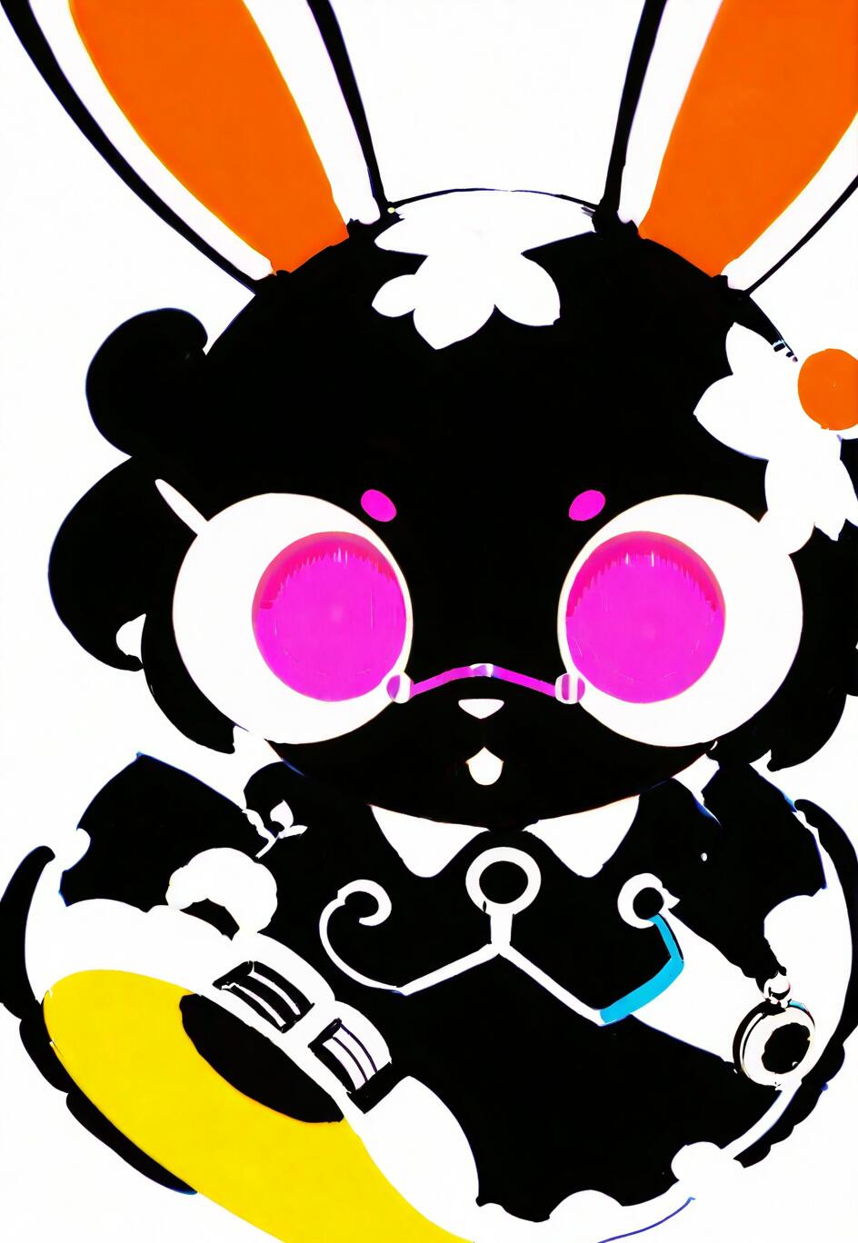 A graphic illustration of a cute rabbit girl with black fur, long orange ears, and oversized round glasses with bright pink lenses, set against a plain white background.
