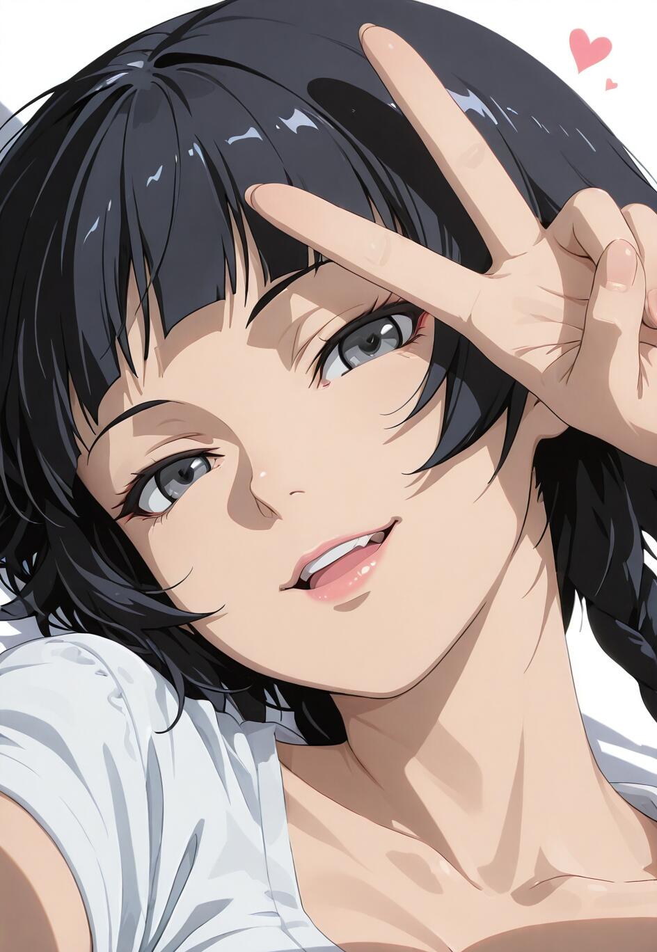 An anime portrait of Sui-Feng from Bleach with black braided hair and grey eyes, smiling and making a peace sign in front of her face while wearing a white t-shirt against a white background.