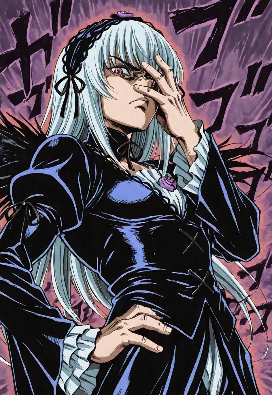 An anime-style illustration of Suigintou from Rozen Maiden with long white hair and red eyes, wearing a black gothic dress. She is striking a dramatic pose, with one hand on her hip and the other over her face, glaring intensely in a style reminiscent of JoJo's Bizarre Adventure.