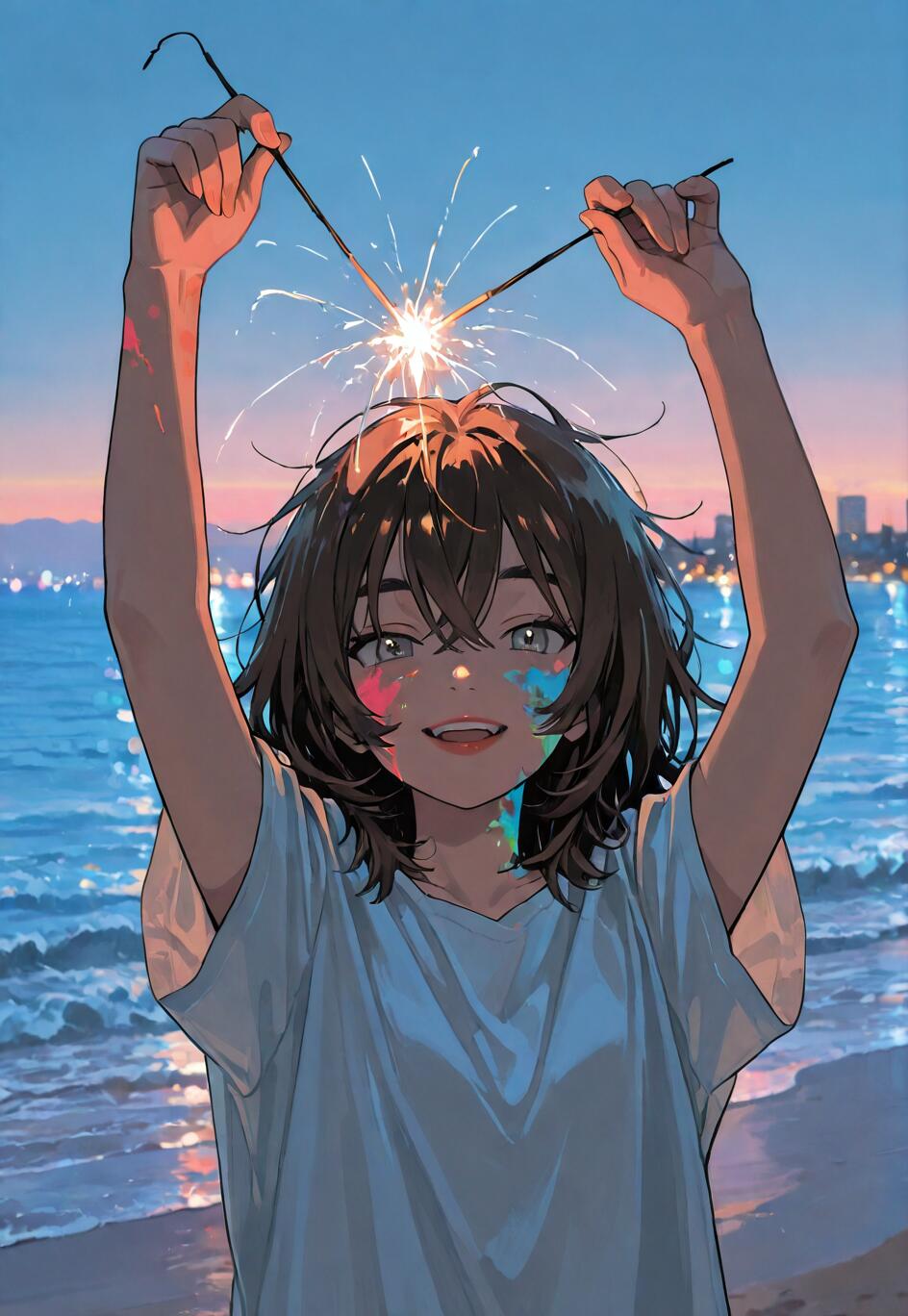 A young woman with brown hair and colorful face paint holds a lit sparkler above her head on a beach at dusk, with the sea and a city skyline in the background.