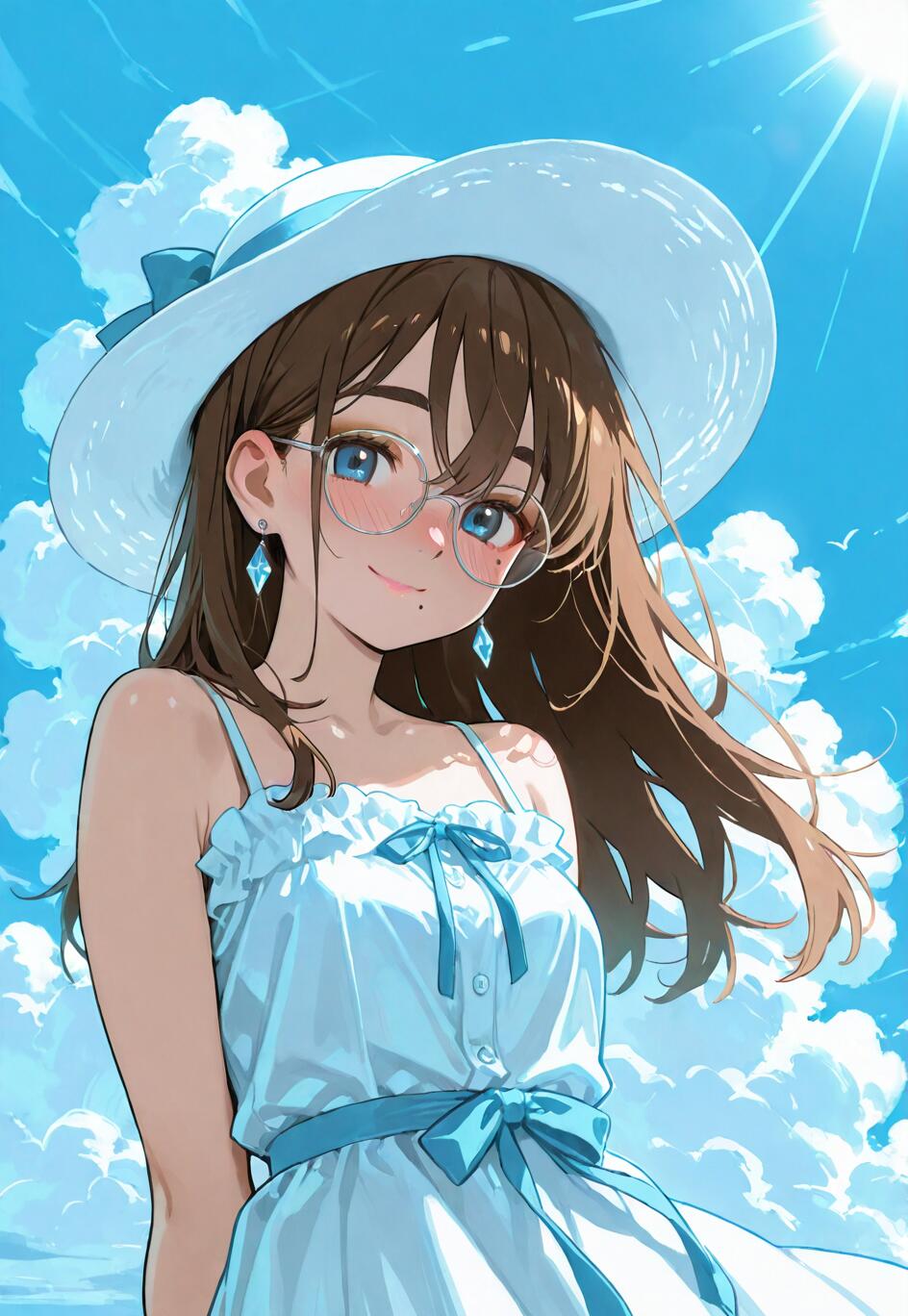 An anime-style girl with long brown hair, blue eyes, and round glasses, wearing a white sun hat and a light blue summer dress, smiling against a backdrop of a bright blue sky with clouds.