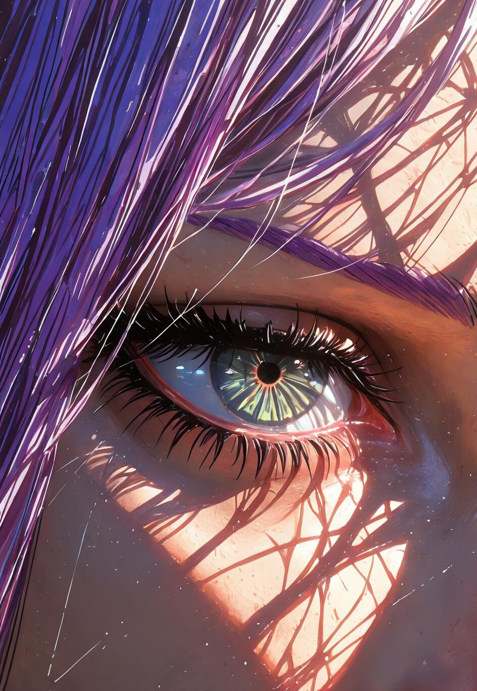 A hyper-detailed close-up illustration of a woman's eye. She has vibrant purple hair falling over her face, and her green eye is framed by long black lashes. Dappled light casts intricate shadows across her skin.