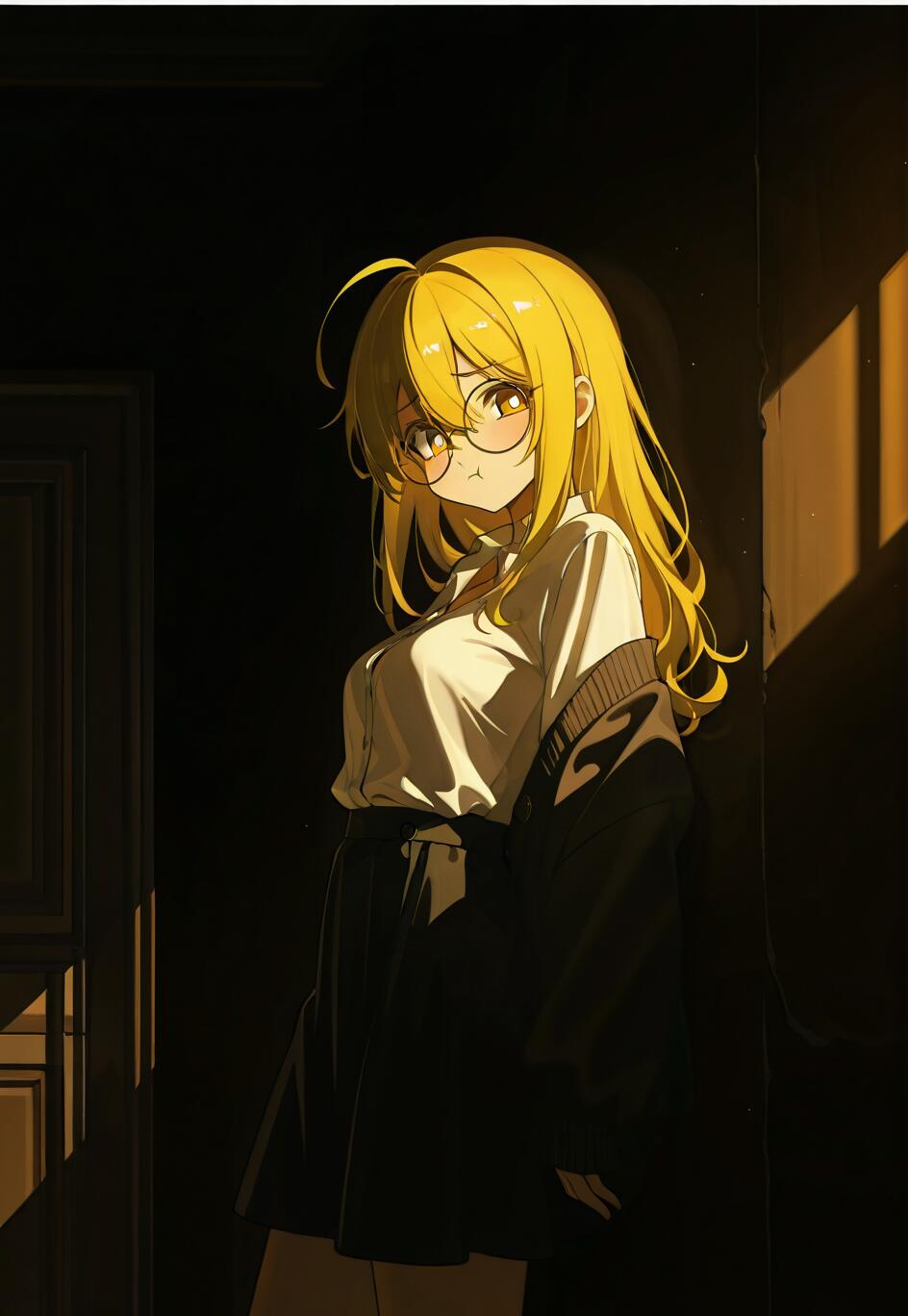 An anime girl with long blonde hair and round glasses leans against a wall in a dark room. She is lit by a strip of warm sunlight, looking over her shoulder with a pout.