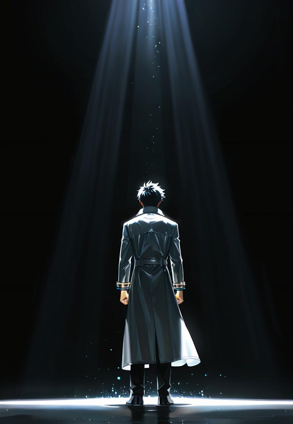 Back view of the anime character Sung Jinwoo from Solo Leveling, standing alone in a dark space under a dramatic white spotlight, wearing a long black trench coat.