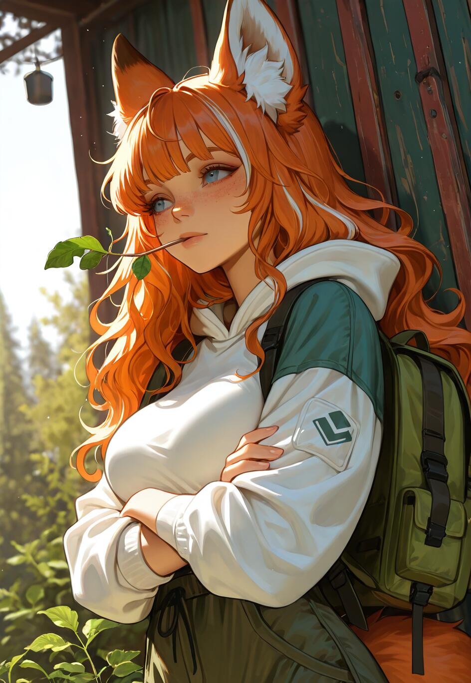 An anime-style girl with long orange hair and fox ears, wearing a hoodie and a backpack, stands outdoors in the sunlight with her arms crossed and a leafy twig in her mouth.