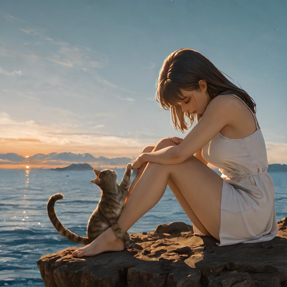 A young woman with brown hair sits on a cliff by the sea at sunset, her eyes closed. A tabby cat sits next to her, reaching a paw towards her leg.