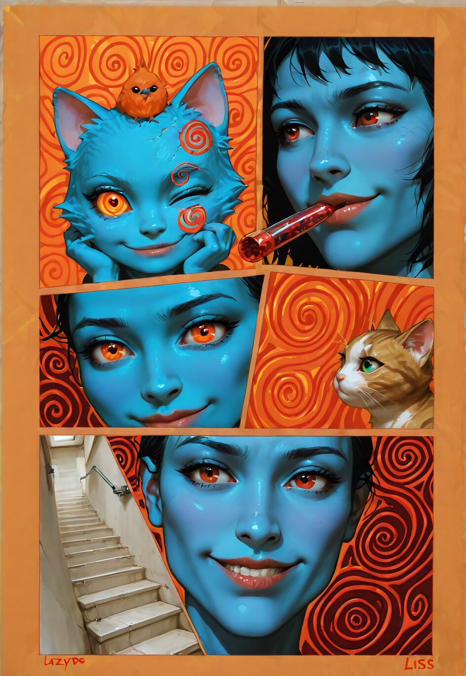 A vertical comic-style collage featuring multiple panels of a woman with blue skin and glowing orange eyes, a blue cat, a ginger cat, and a stairwell, all set against an orange spiral background.