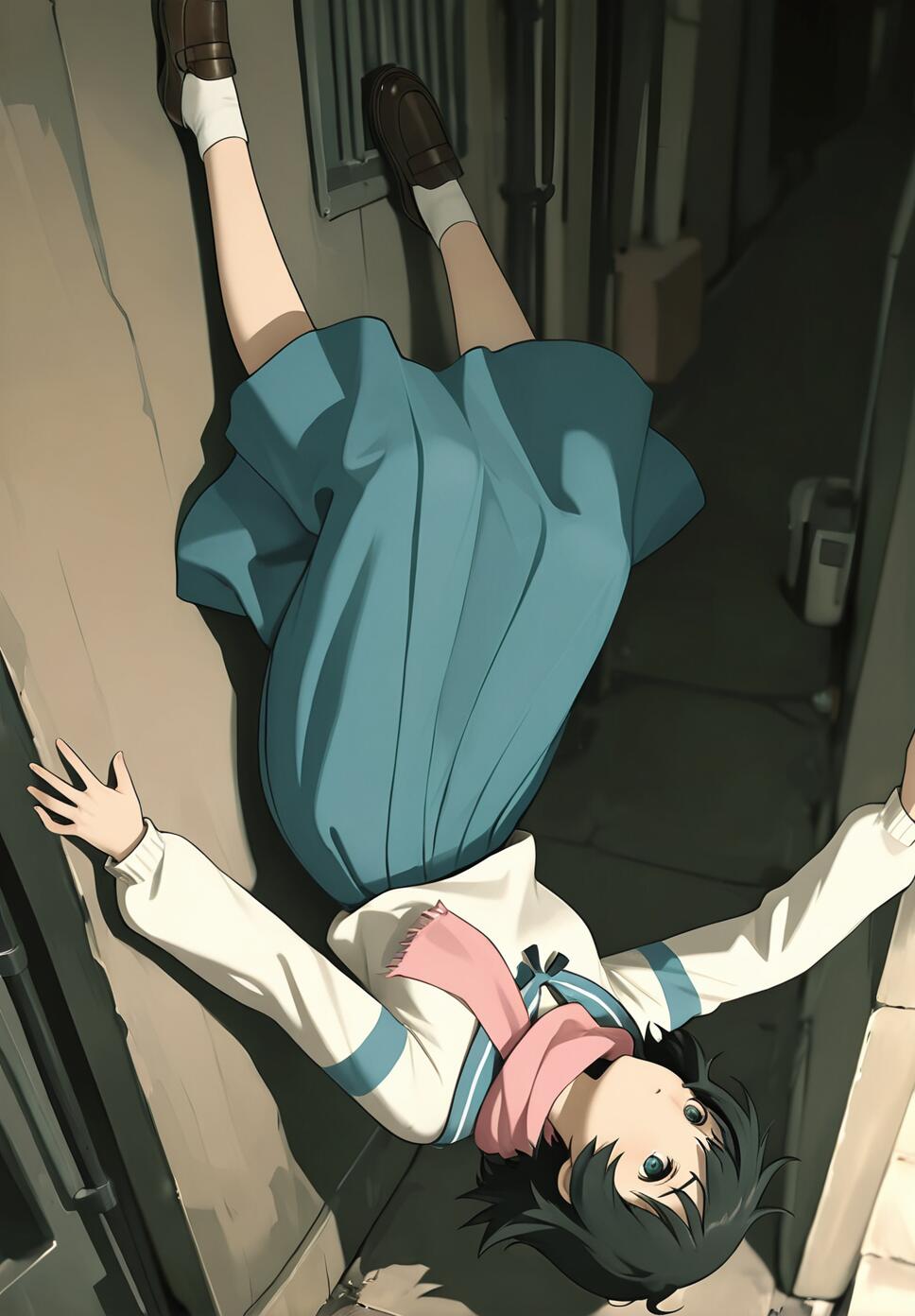 An anime illustration of Shiina Mayuri from Steins;Gate, viewed from above as she floats upside down in a narrow alley. She wears a school uniform with a pink scarf and has her arms outstretched.