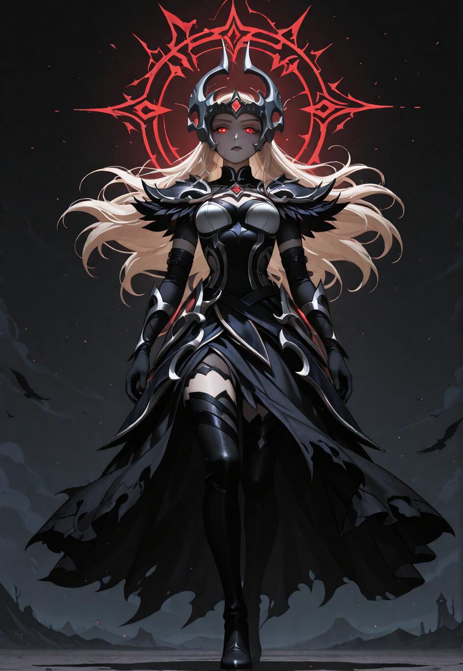 Full-body portrait of Syndra from League of Legends as a gothic empress. She has blonde hair, glowing red eyes, and wears ornate black and silver armor with a large headdress, standing before a glowing red symbol.