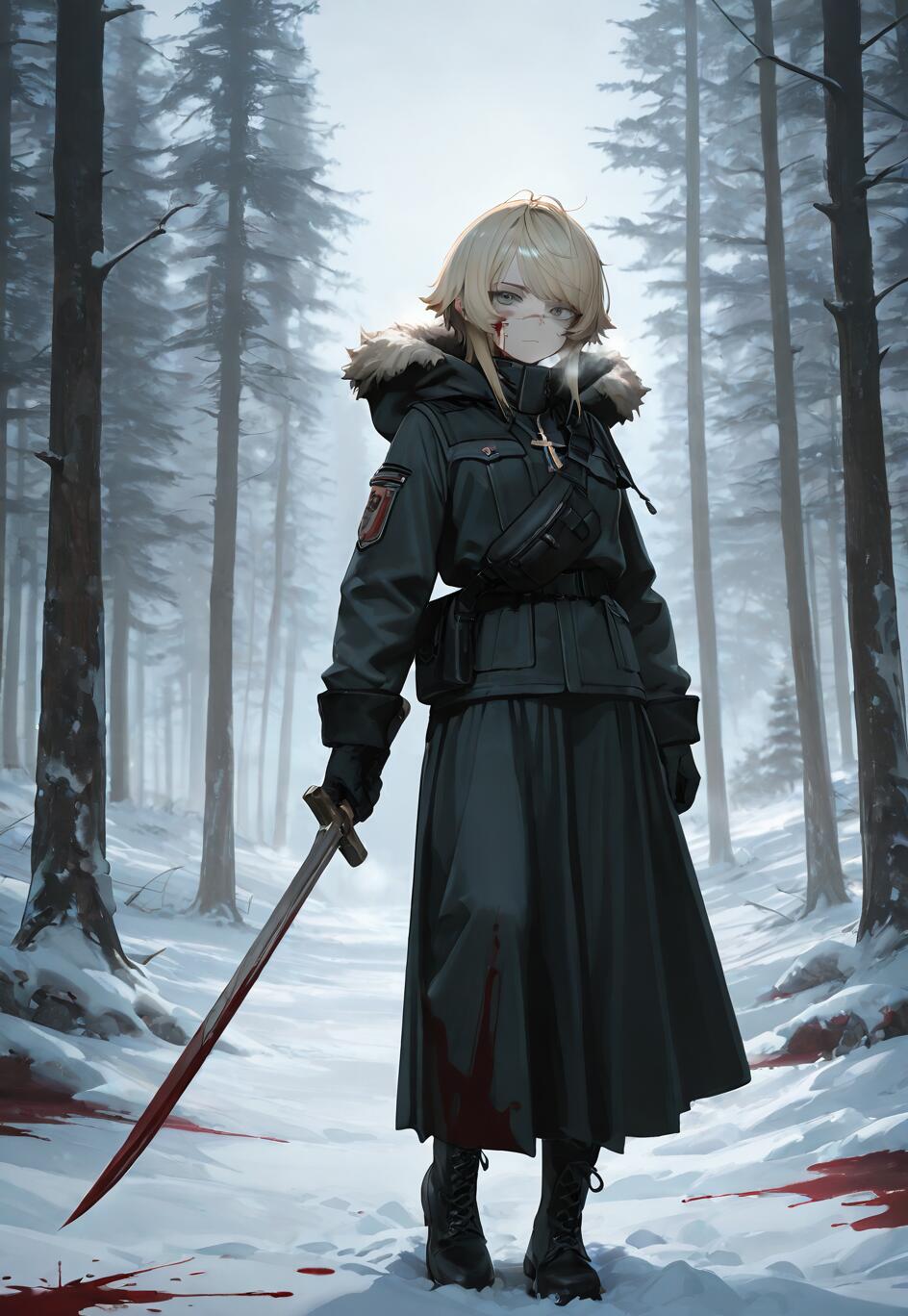 A full-body illustration of Tanya von Degurechaff from 'The Saga of Tanya the Evil' standing in a snowy forest, holding a bloody sword and looking intensely at the viewer.