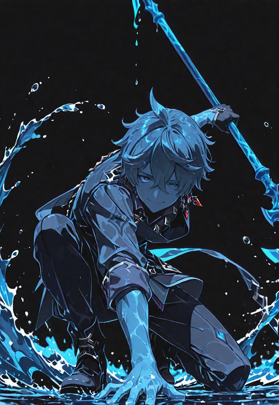 An anime-style illustration of the character Tartaglia 'Childe' from Genshin Impact, crouching in a fighting stance on a black background. He holds a glowing blue water polearm and touches the watery ground, surrounded by blue splashes and droplets.