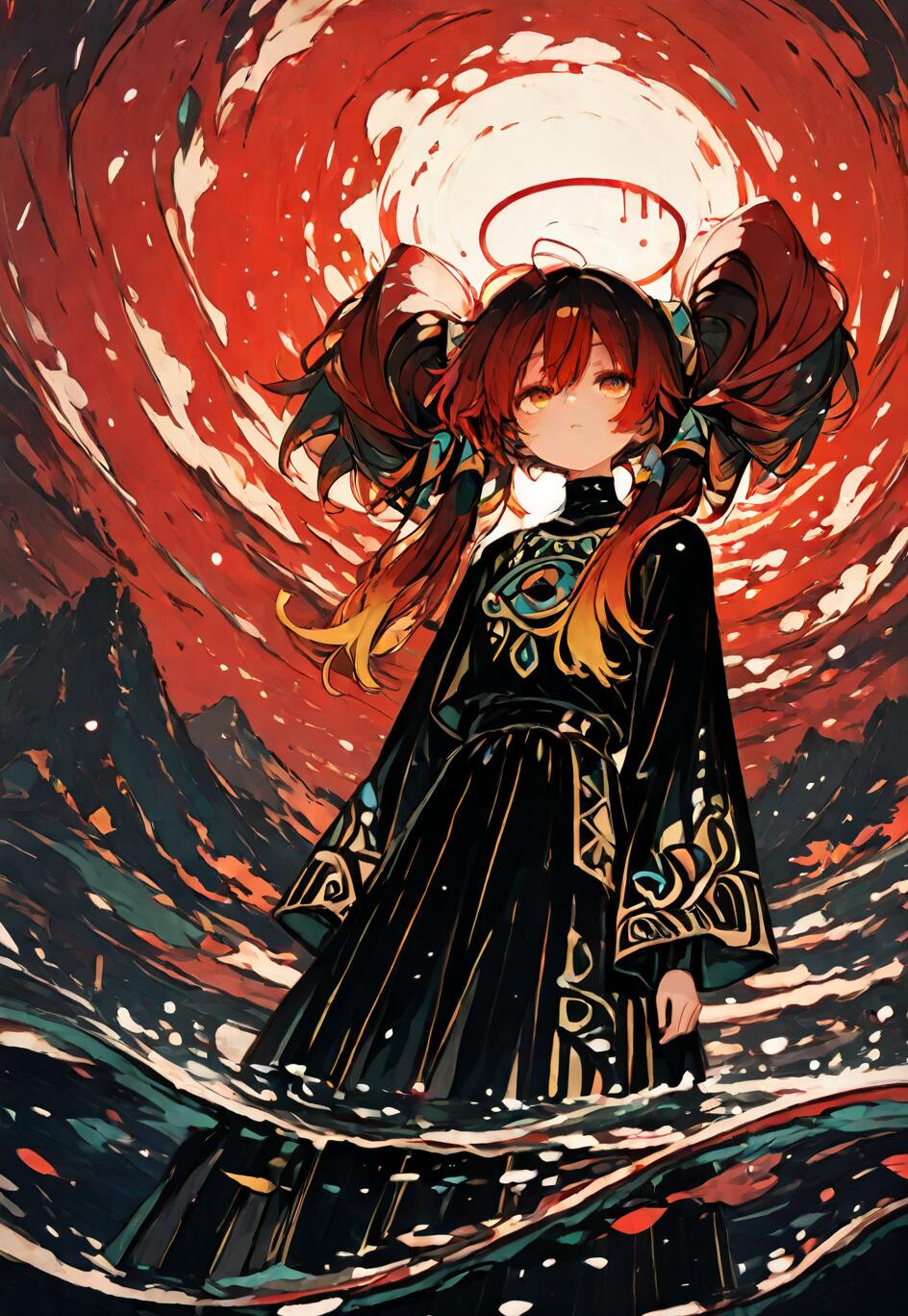 An anime-style illustration of a young woman named Taru with large, reddish-brown pigtails and a red halo. She stands in dark, turbulent water, wearing a detailed black and gold robe. The background is a swirling vortex of red and white above dark mountains.