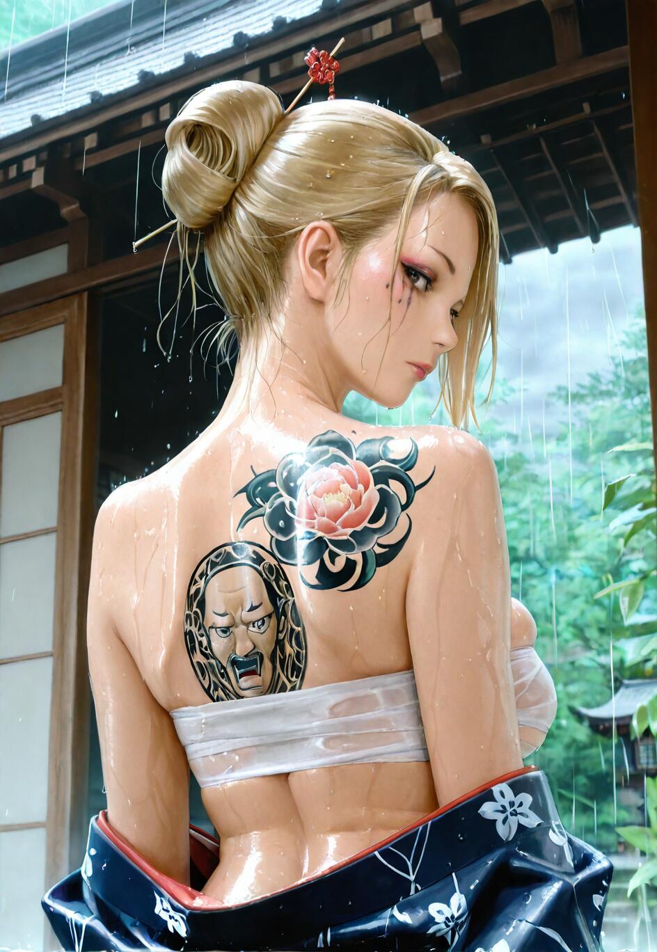A realistic digital illustration of a blonde woman with her back to the viewer, looking over her shoulder in the rain. She has a flower and a mask tattooed on her back and is wearing an open kimono over a sarashi.