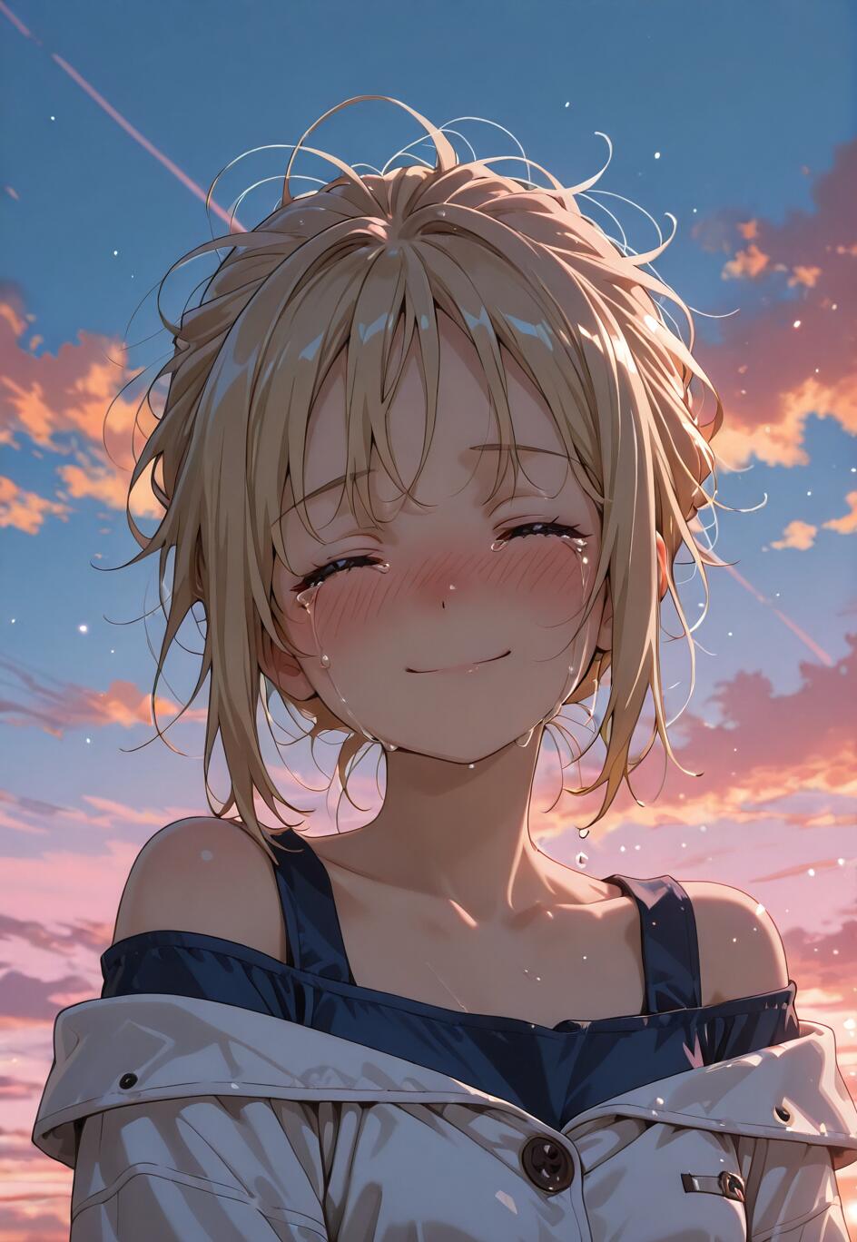 An anime girl with messy blonde hair in an updo, crying with a happy smile against a beautiful sunset sky with pink and orange clouds.