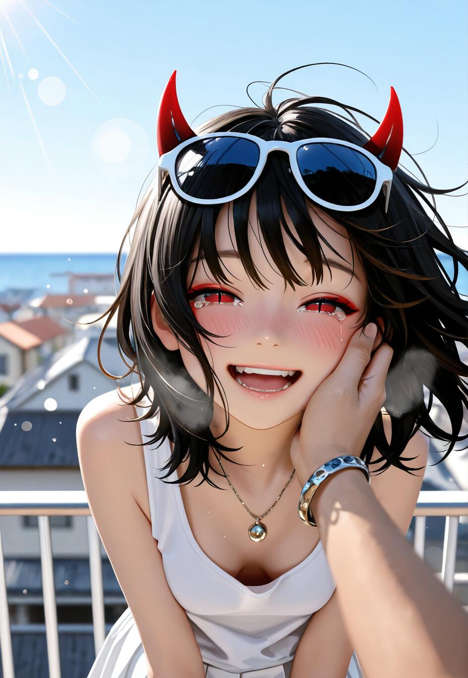 An anime-style girl with short black hair, red eyes, and small red devil horns, smiling with tears of joy as a hand caresses her cheek. She is on a sunny rooftop overlooking a seaside town.