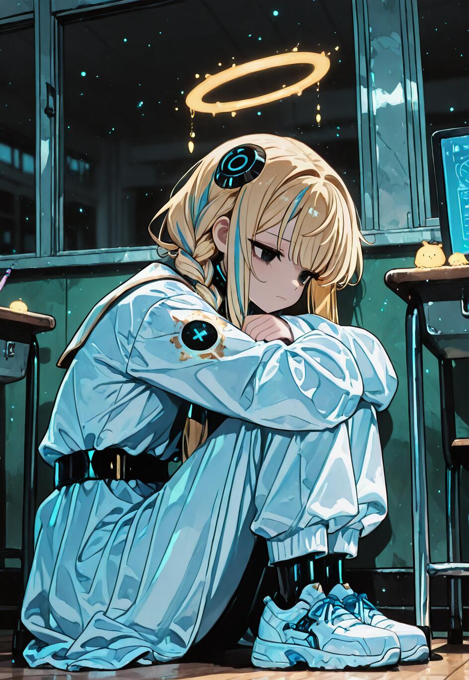An anime illustration of Tendou Arisu from Blue Archive sitting on the floor in a dark classroom. She has long, blonde braided twintails, a glowing halo, and a sad expression, wearing a futuristic blue jumpsuit and sneakers.